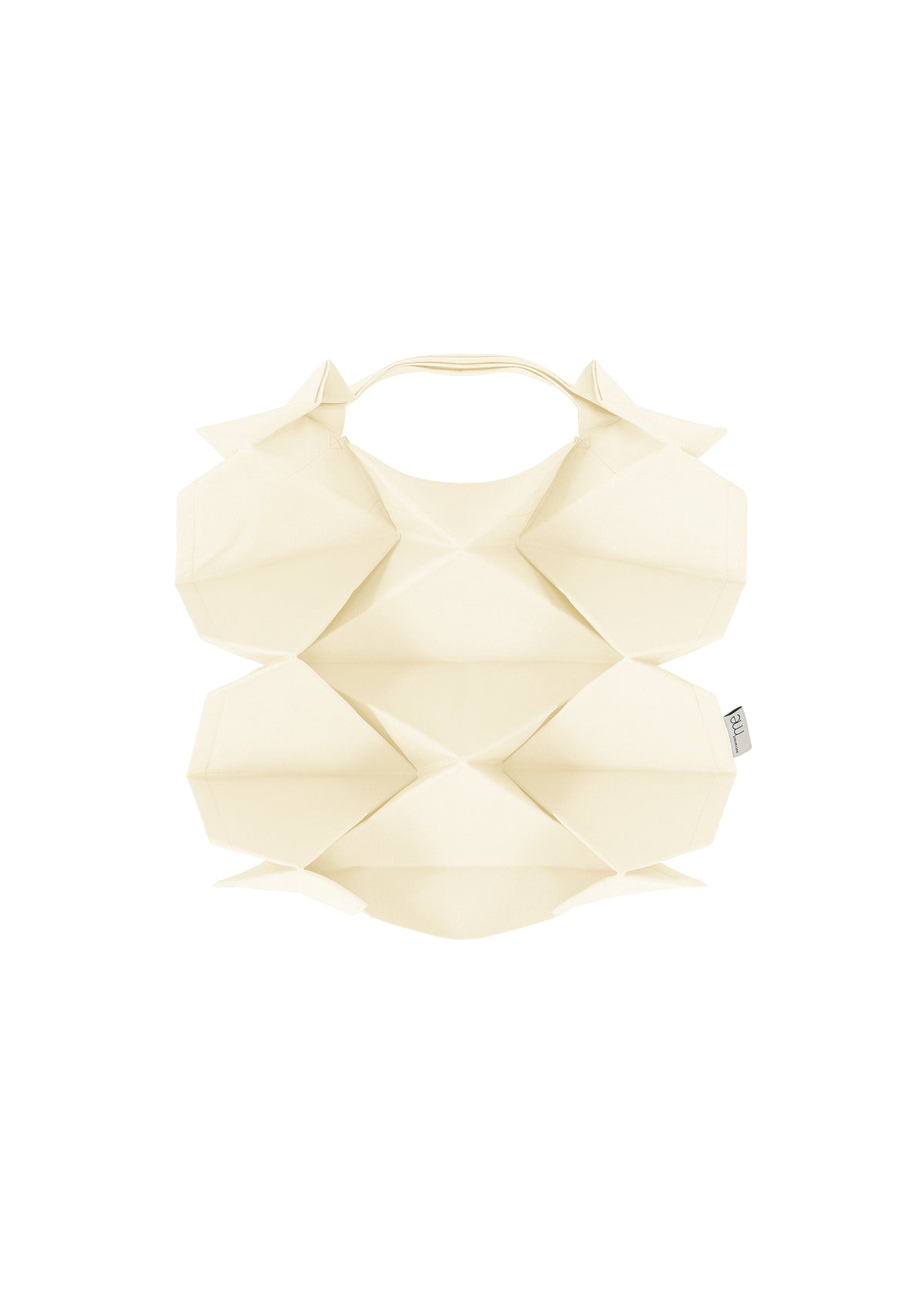 The GEOMETRIC PLEATS BAG by me ISSEY MIYAKE is a cream-colored tote with an origami-inspired design, handmade pleats, angular folds, a circular top handle, and a quadrilateral base, shown against a plain white background. view 1 of 7