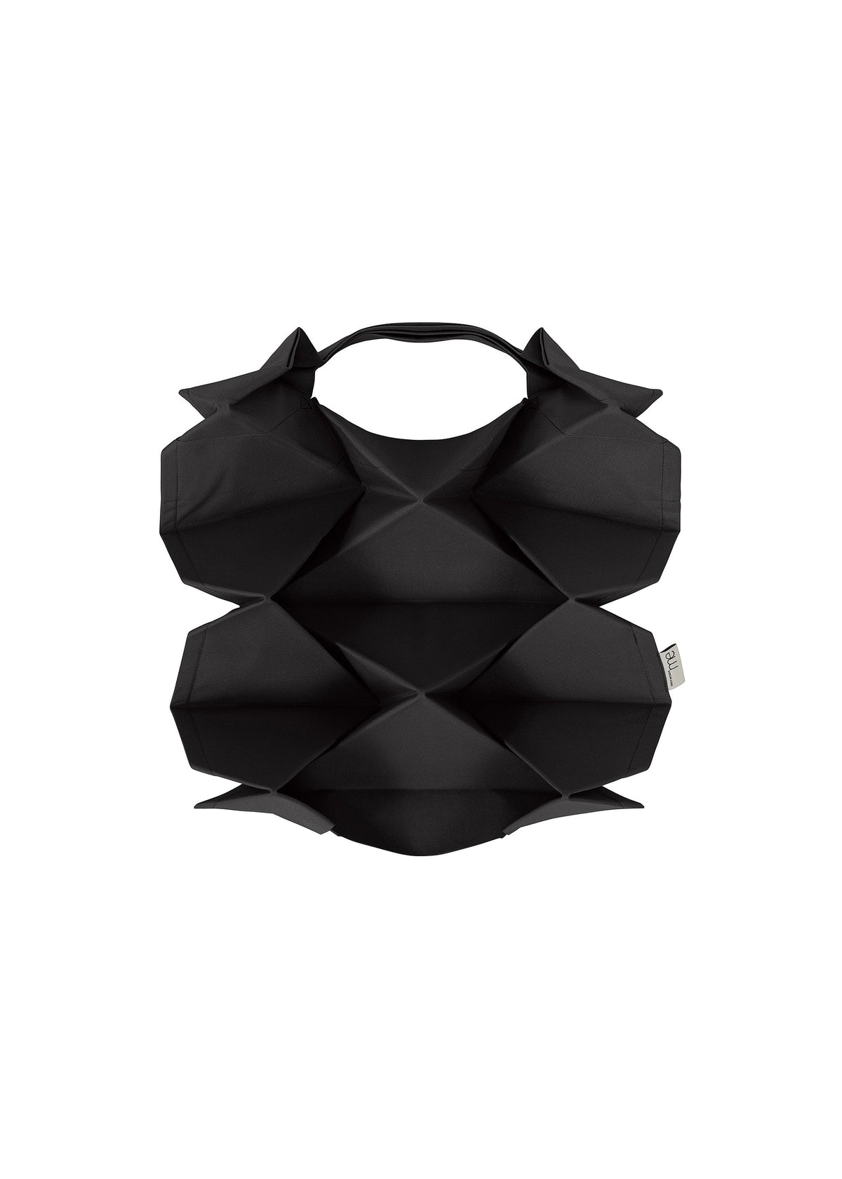 The GEOMETRIC PLEATS BAG by me ISSEY MIYAKE features handmade pleats, diamond-shaped protrusions, a top handle, and a sculptural origami-inspired design with a quadrilateral base in black. view 2 of 7
