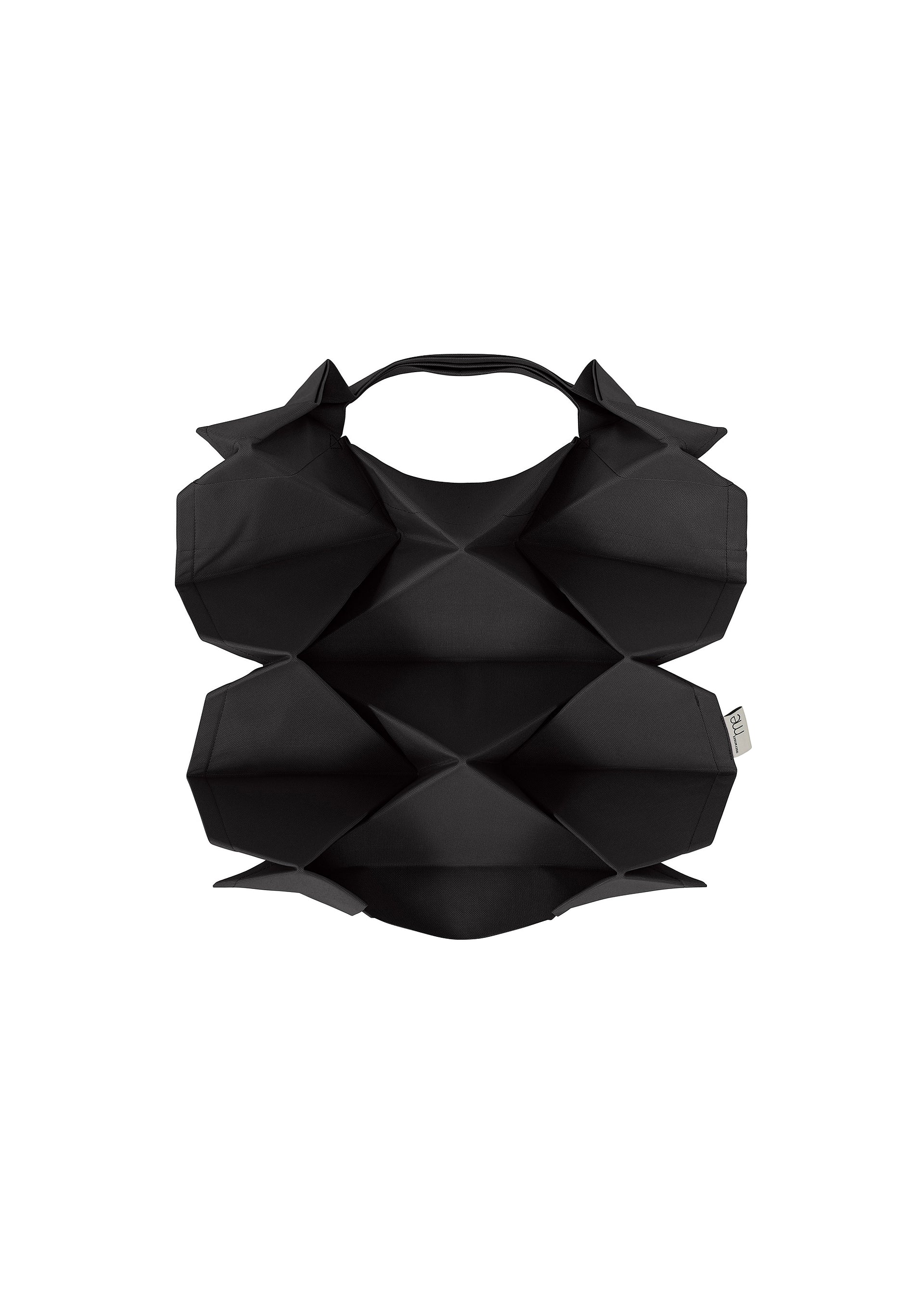 Zoomed view The GEOMETRIC PLEATS BAG by me ISSEY MIYAKE features handmade pleats, diamond-shaped protrusions, a top handle, and a sculptural origami-inspired design with a quadrilateral base in black. - BLACK （no.15）