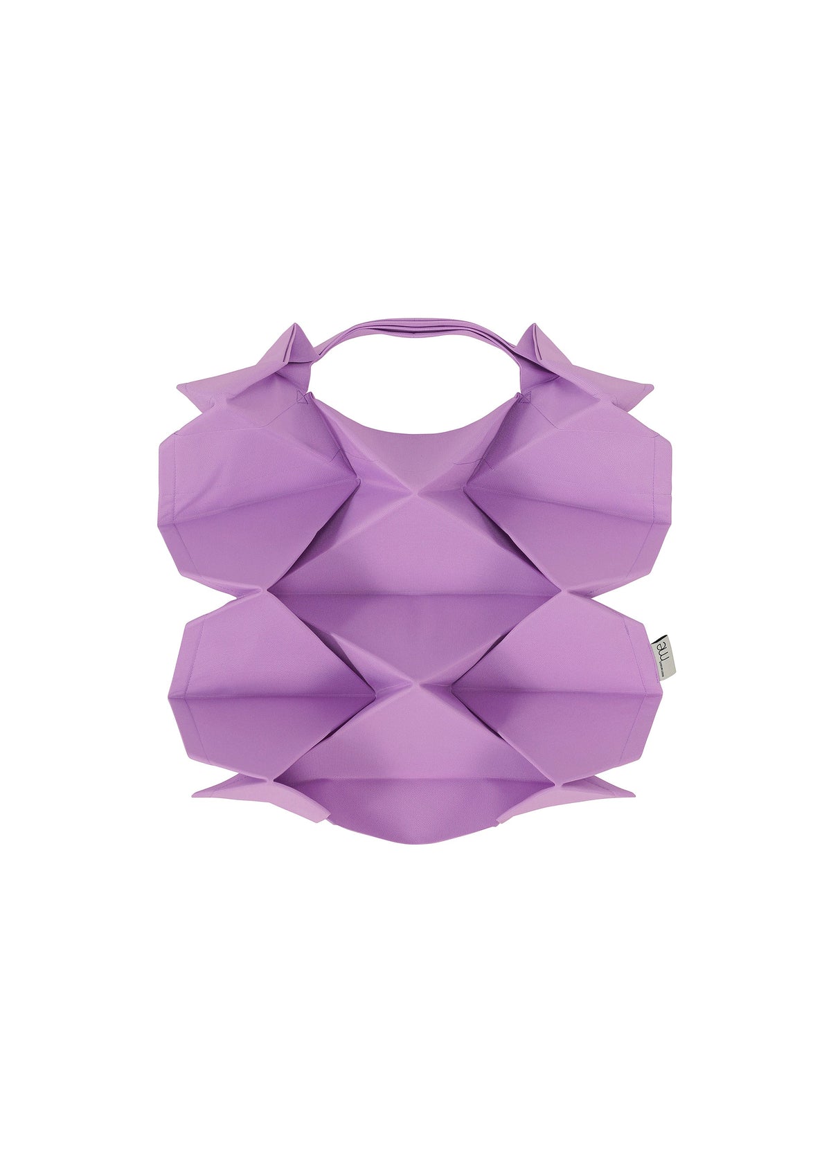The GEOMETRIC PLEATS BAG by me ISSEY MIYAKE is a purple, origami-inspired bag with a quadrilateral base, angular folds, handmade pleats, and a small top handle, shown against a white background. view 4 of 7