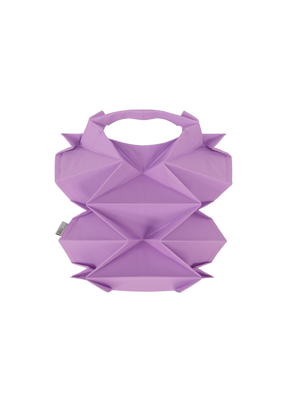 The GEOMETRIC PLEATS BAG by me ISSEY MIYAKE is a purple handbag with handmade pleats, angular folded shapes, a quadrilateral base, and a built-in top handle. view 5 of 7