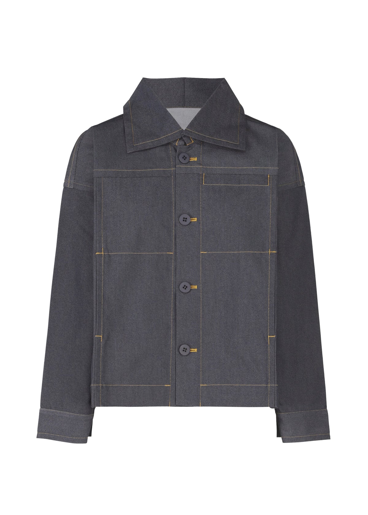 The FLAT DENIM jacket by me ISSEY MIYAKE features a pointed collar, button-down front, long sleeves, and gold-stitched seams and pockets, crafted from recycled polyester denim for an authentic texture. view 2 of 8