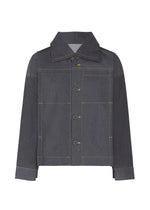 The FLAT DENIM jacket by me ISSEY MIYAKE features a pointed collar, button-down front, long sleeves, and gold-stitched seams and pockets, crafted from recycled polyester denim for an authentic texture. - INDIGO （no.76）