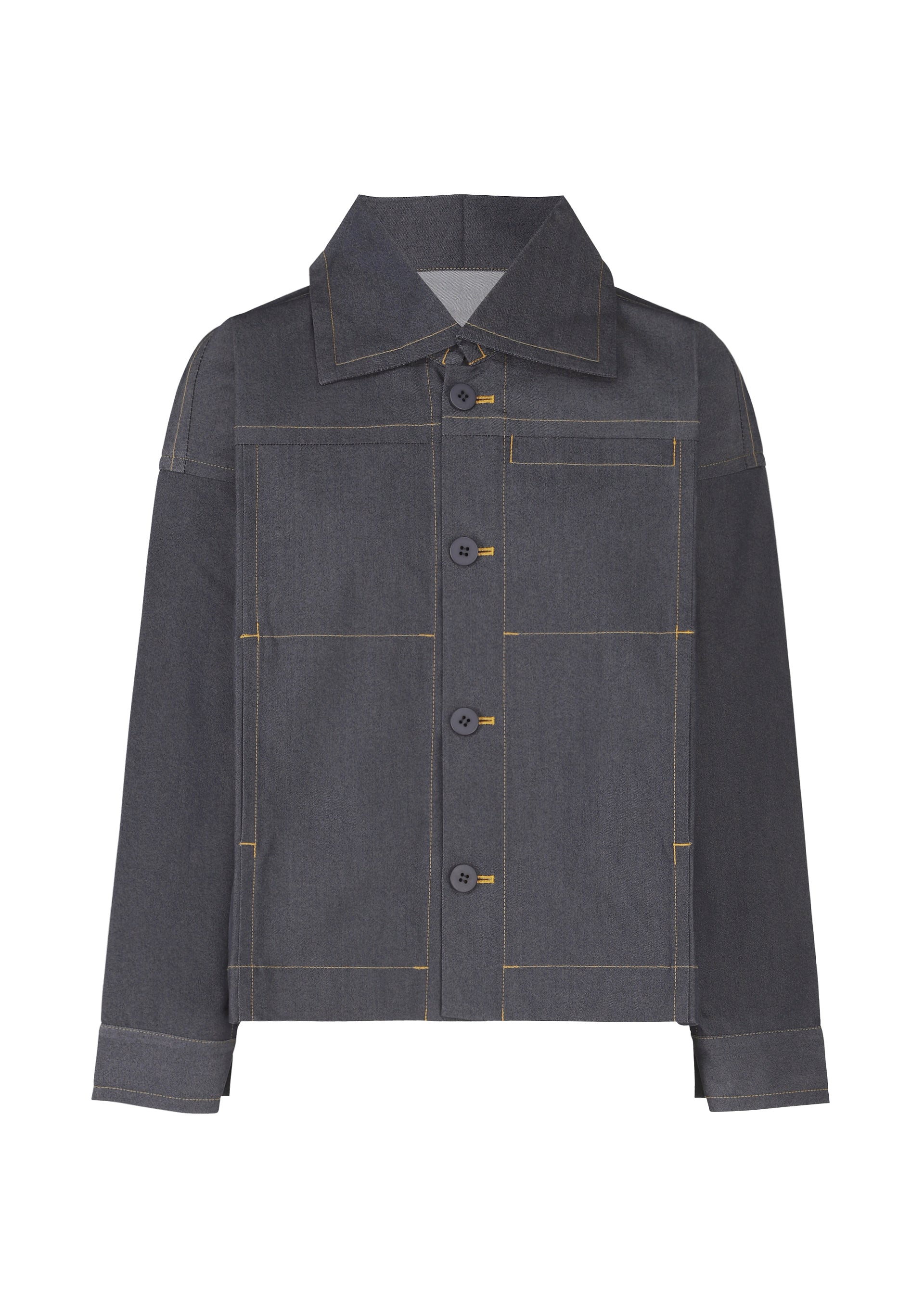 Zoomed view The FLAT DENIM jacket by me ISSEY MIYAKE features a pointed collar, button-down front, long sleeves, and gold-stitched seams and pockets, crafted from recycled polyester denim for an authentic texture. - INDIGO （no.76）