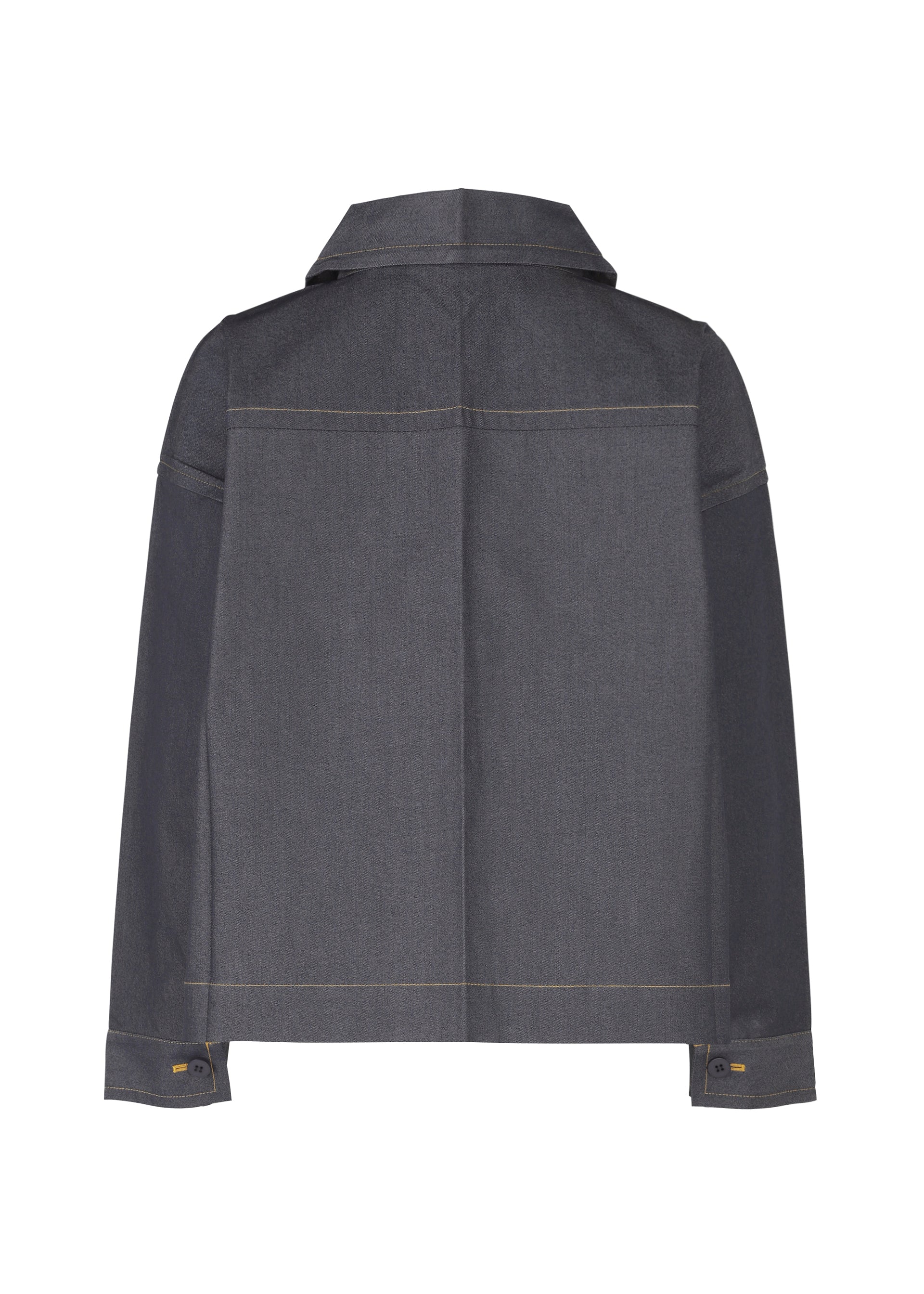 Zoomed view The FLAT DENIM jacket by me ISSEY MIYAKE is shown from the back in dark gray, featuring a straight hem, visible seams, pointed collar, and buttoned cuffs with a realistic denim texture.
