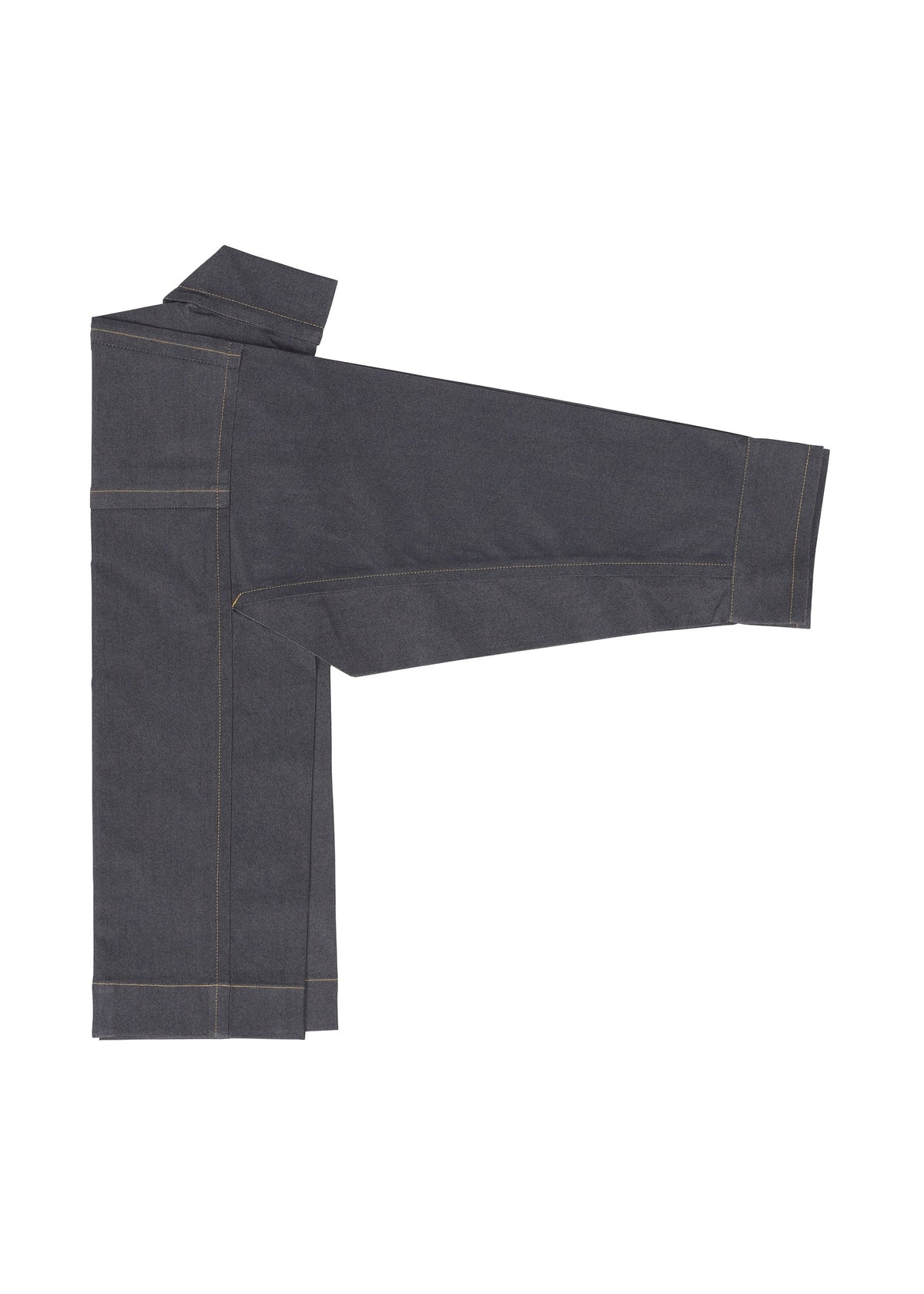 The FLAT DENIM jacket by me ISSEY MIYAKE, crafted from recycled polyester denim with tan stitching, is neatly arranged against a white background with one sleeve extended. view 4 of 8