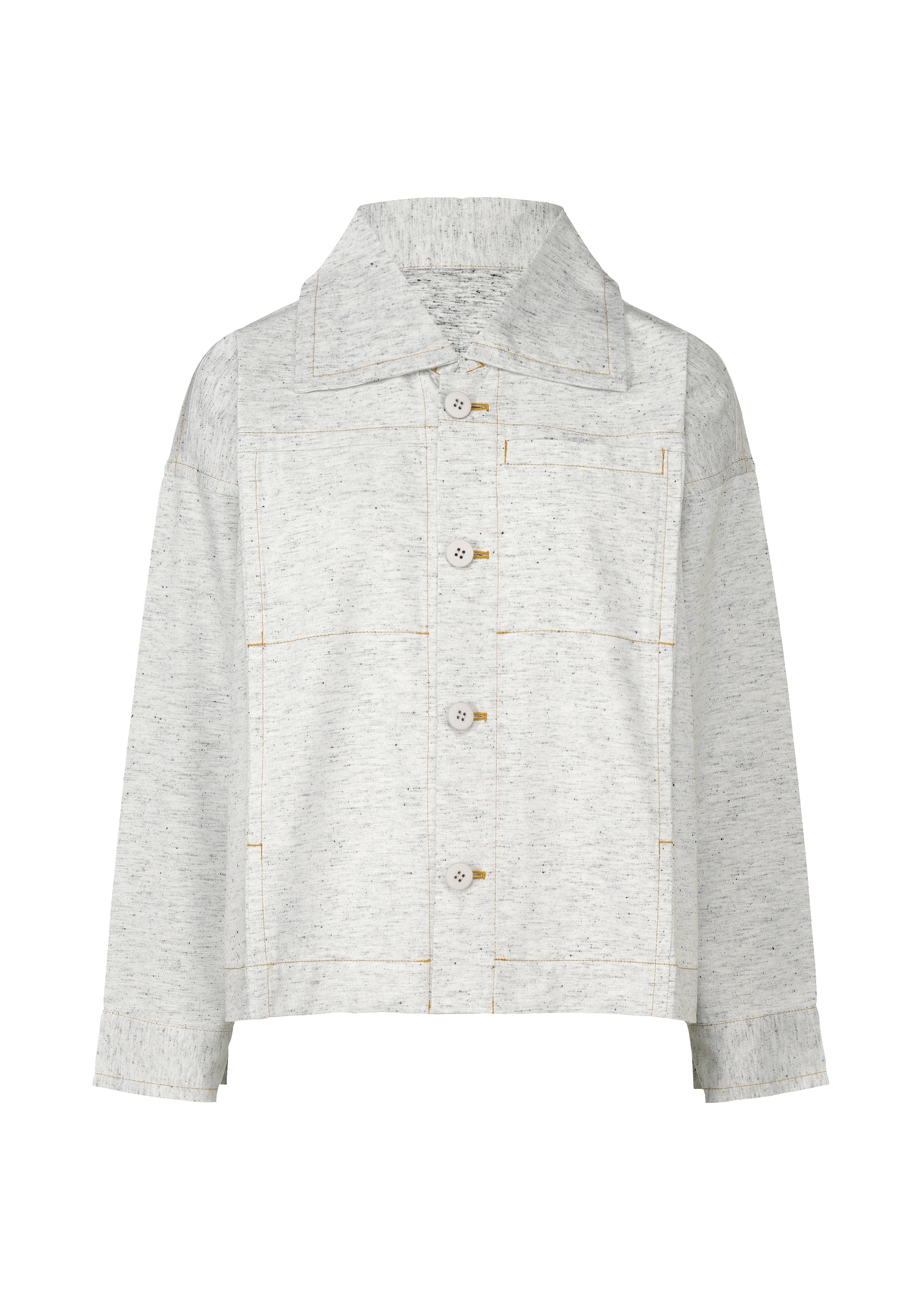 Zoomed view The REmeTEX NEP DENIM by me ISSEY MIYAKE is a light grey, long-sleeved recycled denim jacket with a large collar, front button closure, visible stitching, two chest pockets, and soft, slightly textured fabric. - WHITE-HUED （no.09）
