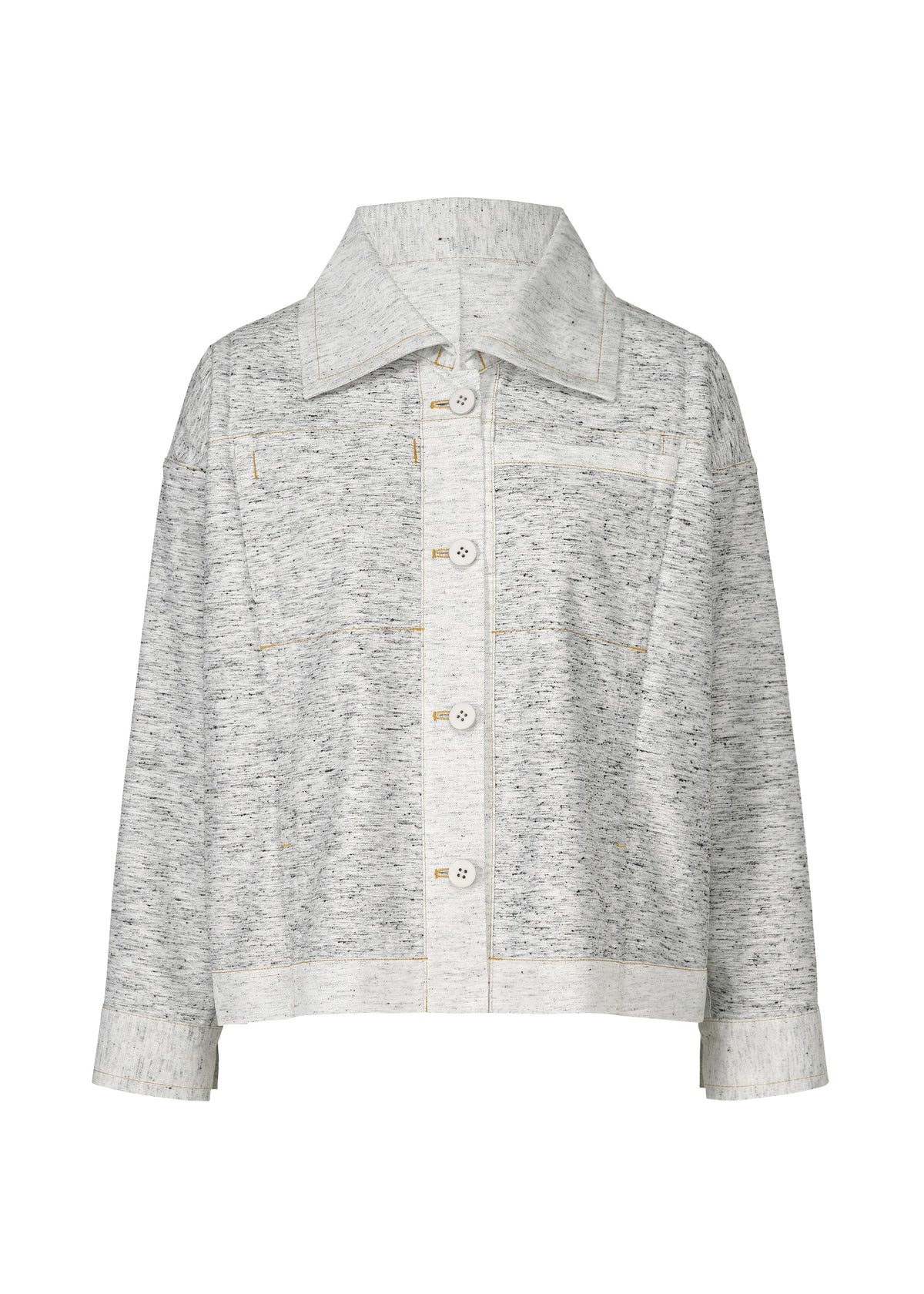 The REmeTEX NEP DENIM by me ISSEY MIYAKE is a light grey, long-sleeved reversible jacket with a wide collar, large white buttons, cuffed sleeves, relaxed fit, and subtly speckled wool-recycled fabric. view 2 of 12