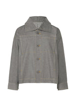 The me ISSEY MIYAKE REmeTEX NEP DENIM jacket features gray recycled denim, yellow stitching, a large collar, four front buttons, two chest pockets, and long cuffed sleeves, shown against a white background. - BLACK-HUED （no.18）