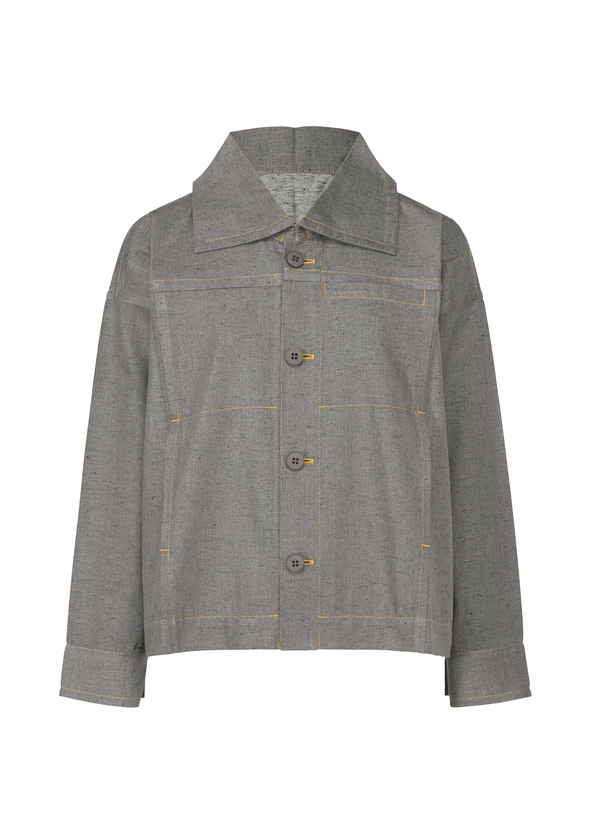 Zoomed view The me ISSEY MIYAKE REmeTEX NEP DENIM jacket features gray recycled denim, yellow stitching, a large collar, four front buttons, two chest pockets, and long cuffed sleeves, shown against a white background. - BLACK-HUED （no.18）