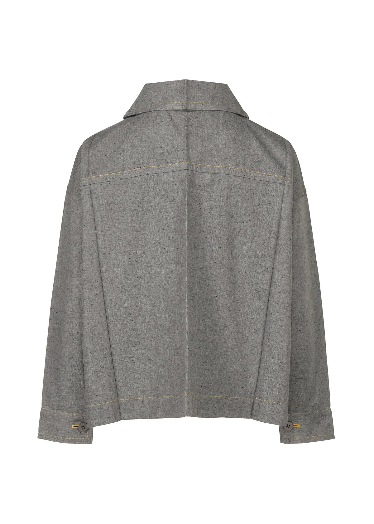 Back view of the me ISSEY MIYAKE REmeTEX NEP DENIM gray long-sleeve jacket featuring a collar, visible seams, buttoned cuffs, loose fit, and a straight hem. view 5 of 12