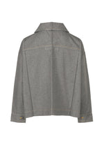 Back view of the me ISSEY MIYAKE REmeTEX NEP DENIM gray long-sleeve jacket featuring a collar, visible seams, buttoned cuffs, loose fit, and a straight hem.