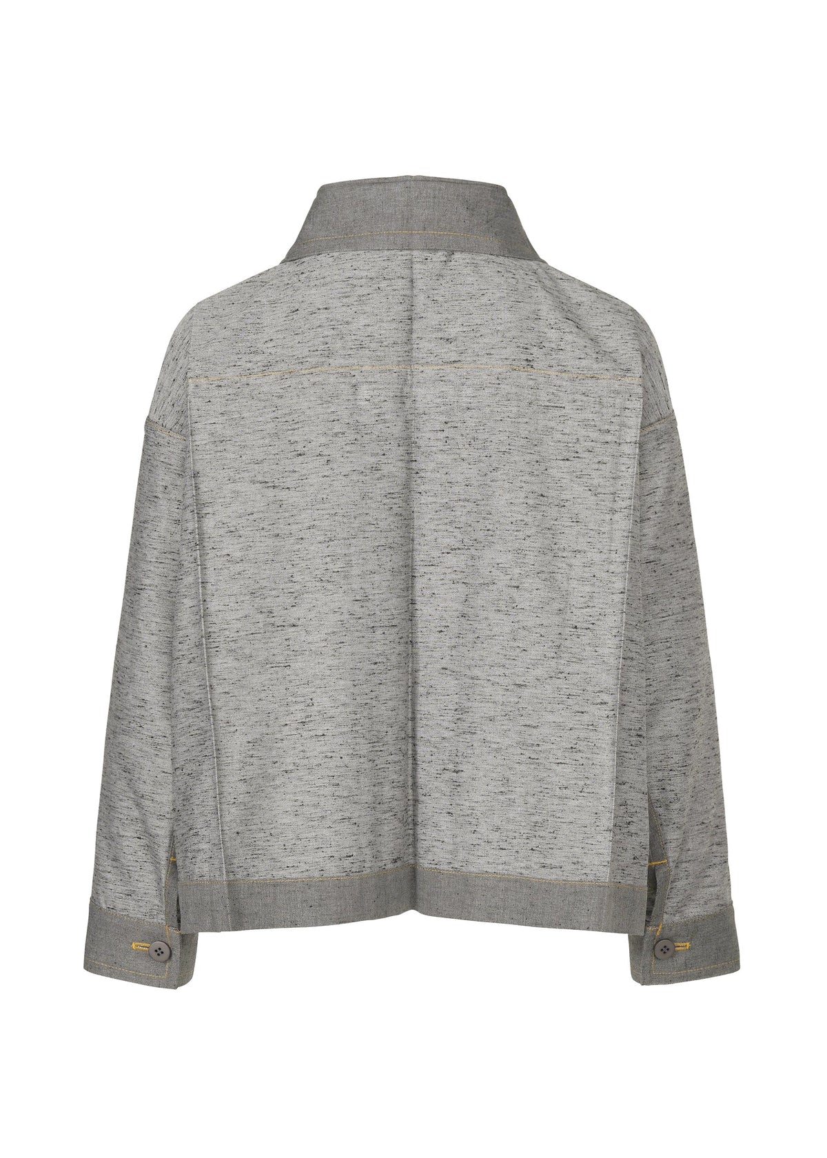The REmeTEX NEP DENIM jacket by me ISSEY MIYAKE is light grey with long sleeves, a wide collar, straight hem, speckled recycled wool-blend denim, and buttoned cuffs with beige accents, shown from the back. view 6 of 12