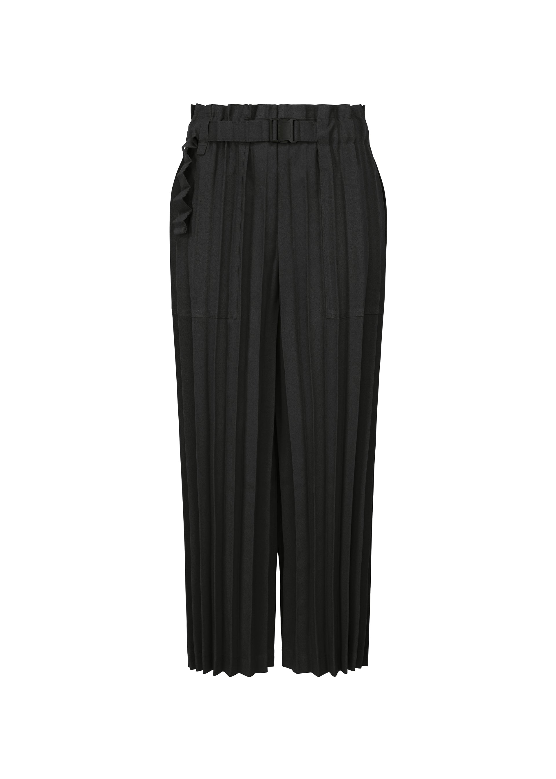 Zoomed view The COLOR PLEATS BOTTOM by me ISSEY MIYAKE are black high-waisted straight-leg pants with wide legs, pleats, and a belted waist, shown against a white background. - BLACK （no.15）