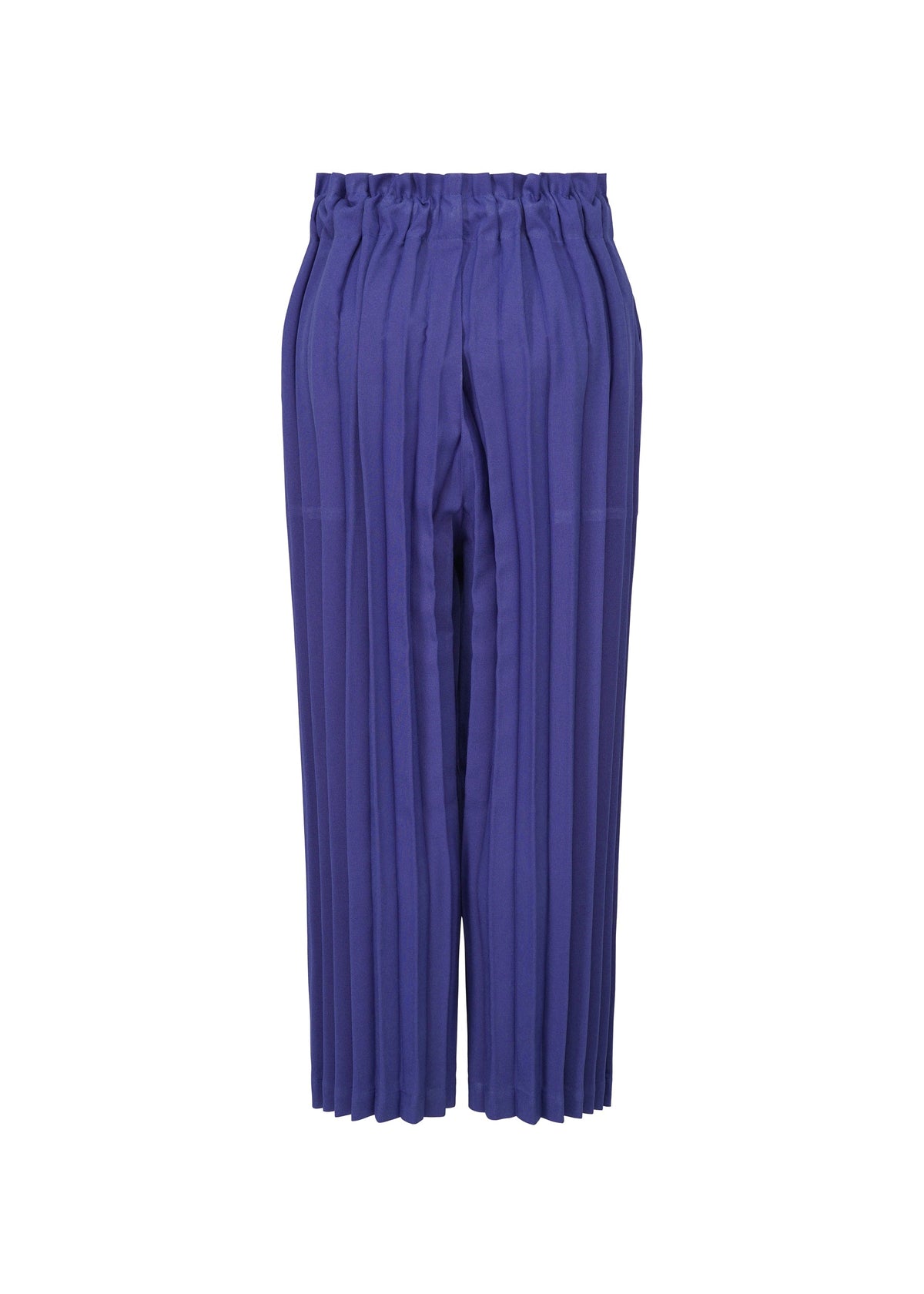 The COLOR PLEATS BOTTOM by me ISSEY MIYAKE are purple straight-leg pants with vertical pleats, a loose fit, and an elastic waistband, shown against a white background. view 4 of 6