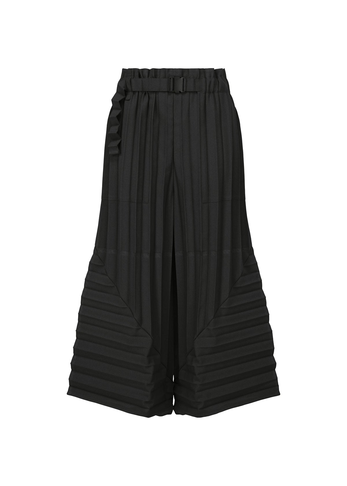 The COLOR PLEATS BOTTOM by me ISSEY MIYAKE features wide-leg black pleated pants with a flared silhouette, high waist, decorative belt detail, and bold horizontal pleats at the lower legs, shown against a white background. view 2 of 6