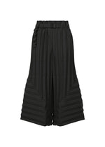 The COLOR PLEATS BOTTOM by me ISSEY MIYAKE features wide-leg black pleated pants with a flared silhouette, high waist, decorative belt detail, and bold horizontal pleats at the lower legs, shown against a white background. - BLACK （no.15）