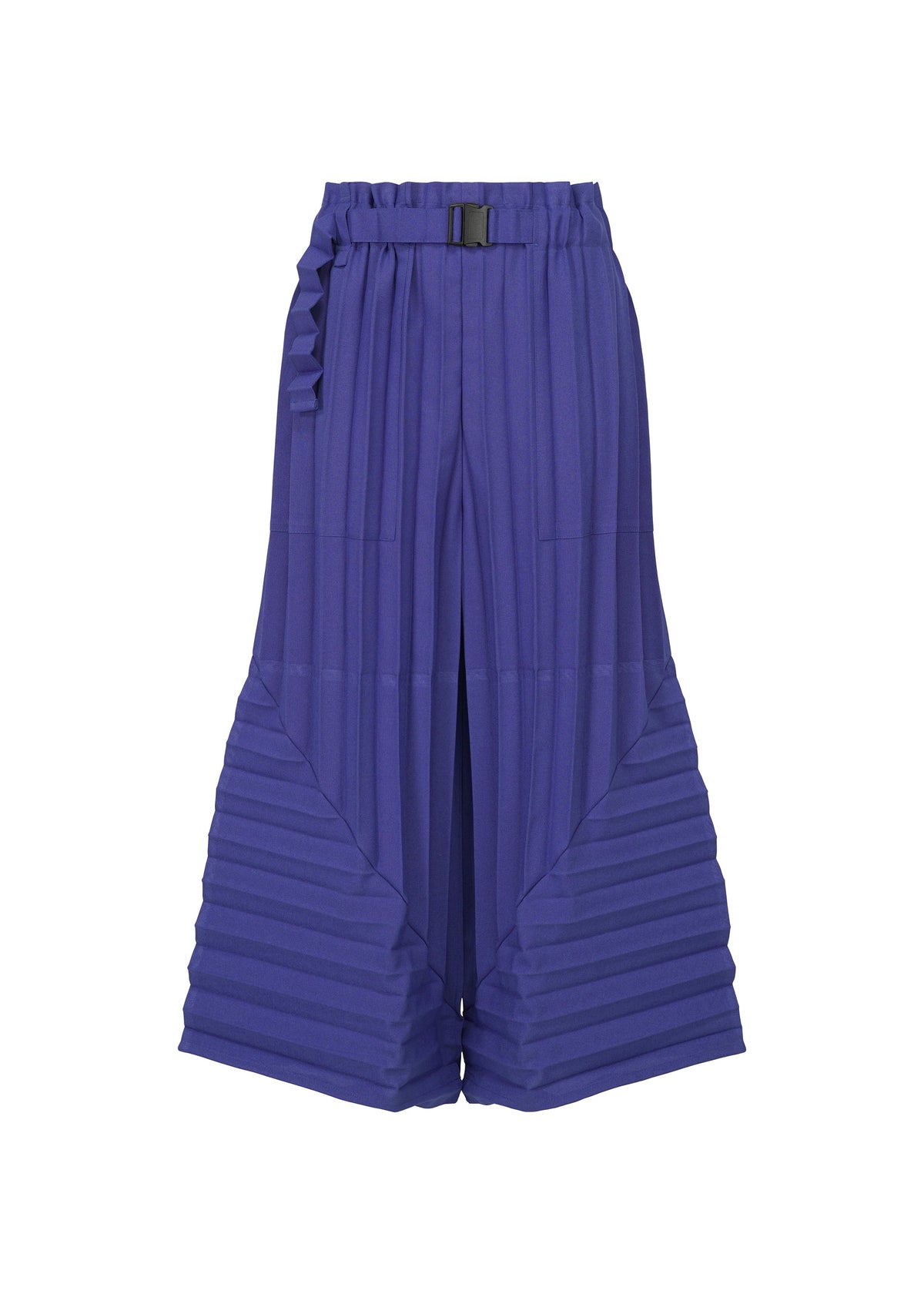 The COLOR PLEATS BOTTOM by me ISSEY MIYAKE features wide-leg, high-waisted purple pants with a belted waist and horizontal pleats at the lower legs, creating a striking flared silhouette against a plain white background. view 3 of 6