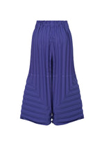The COLOR PLEATS BOTTOM by me ISSEY MIYAKE are high-waisted, wide-legged purple pants featuring structured horizontal pleats for a geometric, layered look and an accentuated flared silhouette.