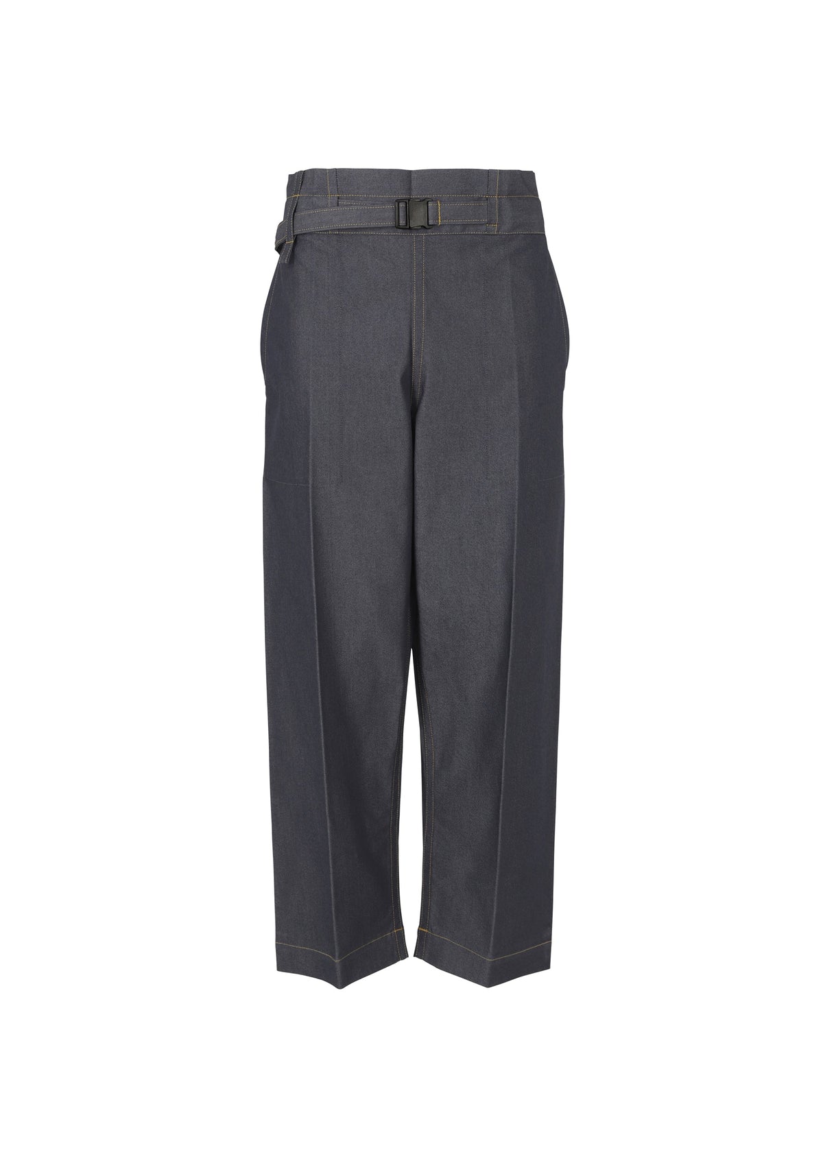 The FLAT DENIM by me ISSEY MIYAKE are dark gray, wide-leg cropped straight pants with a denim texture, visible stitching, side pockets, and a matching fabric belt with rectangular buckle, shown on a white background. view 2 of 6