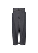 The FLAT DENIM by me ISSEY MIYAKE are dark gray, wide-leg cropped straight pants with a denim texture, visible stitching, side pockets, and a matching fabric belt with rectangular buckle, shown on a white background. - INDIGO （no.76）