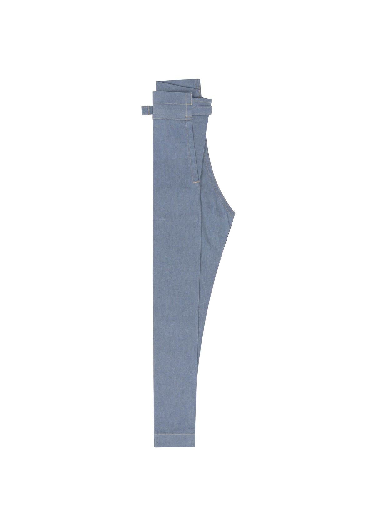 FLAT DENIM straight pants by me ISSEY MIYAKE in light blue with a realistic denim texture, neatly folded in half and displayed vertically against a white background. view 4 of 6