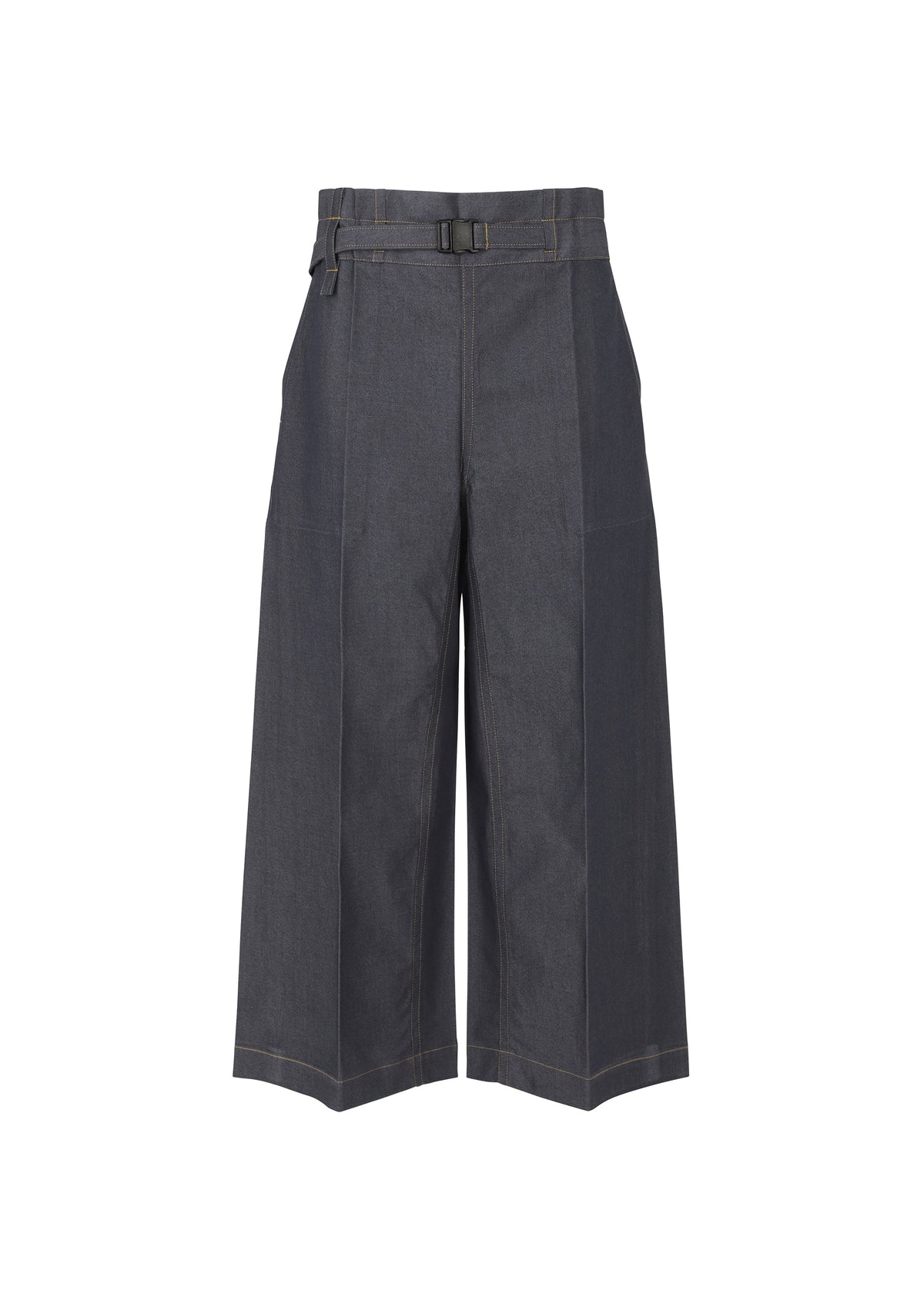 Wide-leg, cropped dark gray pants from me ISSEY MIYAKE's FLAT DENIM line, made from recycled polyester denim with tan stitching. Features an adjustable buckle waistband, loose fit, and a structured silhouette. view 2 of 6