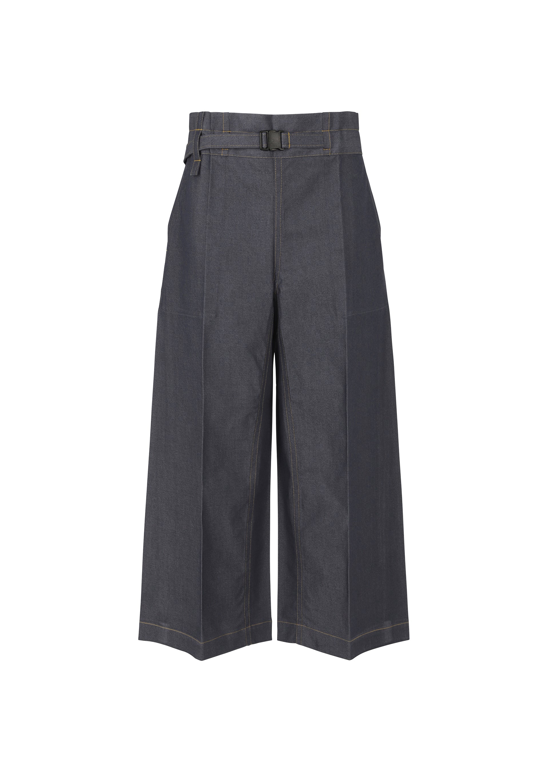 Zoomed view Wide-leg, cropped dark gray pants from me ISSEY MIYAKE's FLAT DENIM line, made from recycled polyester denim with tan stitching. Features an adjustable buckle waistband, loose fit, and a structured silhouette. - INDIGO （no.76）