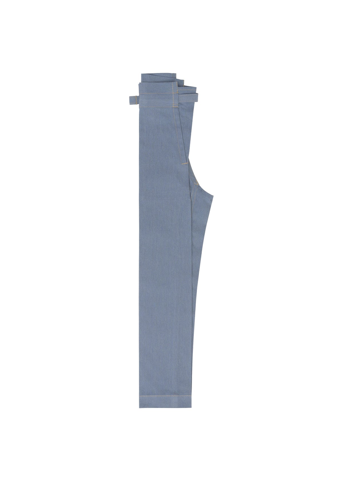 Light blue FLAT DENIM jeans by me ISSEY MIYAKE, neatly folded with aligned waistband and legs, displayed flat on a white background for a clean, streamlined look. view 4 of 6