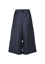 The RIPPLE PLEATS wide-leg navy pants from me ISSEY MIYAKE feature horizontal quilted padding, handmade pleats, pockets, a high elastic waistband, and a matching belt with black buckle, shown against a white background. - NAVY （no.75）