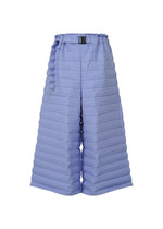 The RIPPLE PLEATS by me ISSEY MIYAKE are wide-legged, light purple pants featuring a quilted texture with horizontal stripes, high waist, handmade pleats, paperbag waistband, pockets, and a matching belt with black buckle. - LAVENDER （no.80）