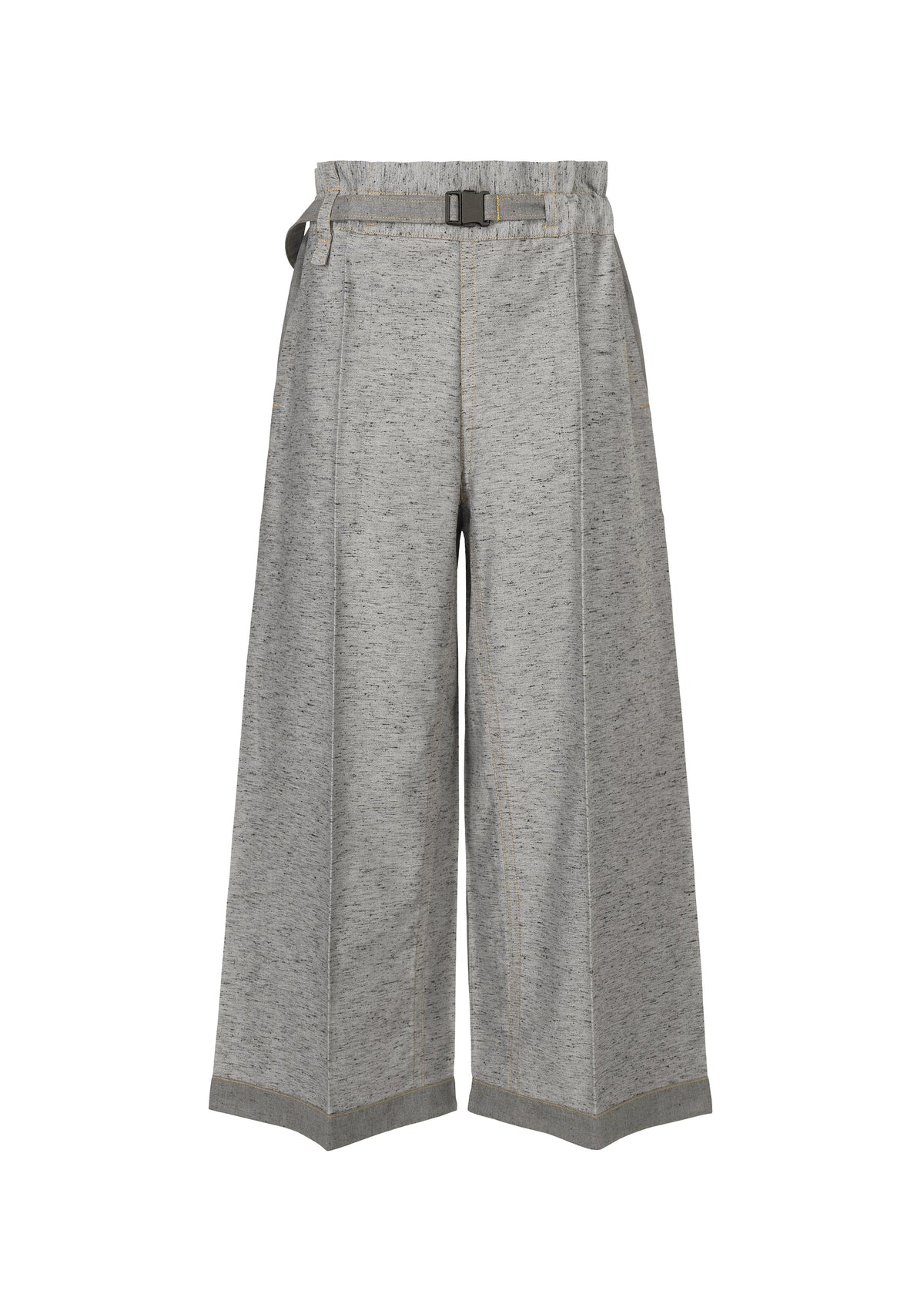 The REmeTEX NEP DENIM wide-leg gray trousers by me ISSEY MIYAKE feature textured fabric, a high waist, side buckle detail, and visible seam lines. Made from recycled polyester and shown against a white background. view 2 of 6