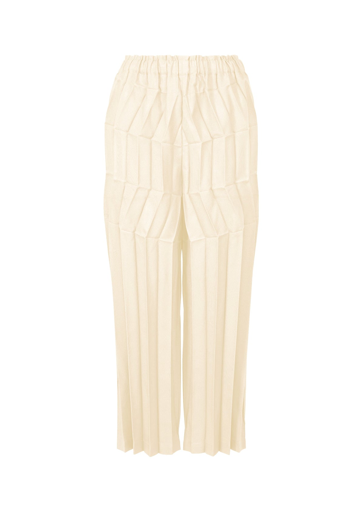 The ZIG ZAG PLEATS pants by me ISSEY MIYAKE are cream-colored, wide-leg, hand-pleated with vertical and diagonal pleats, an elastic waistband, and a striking zigzag silhouette. view 1 of 6