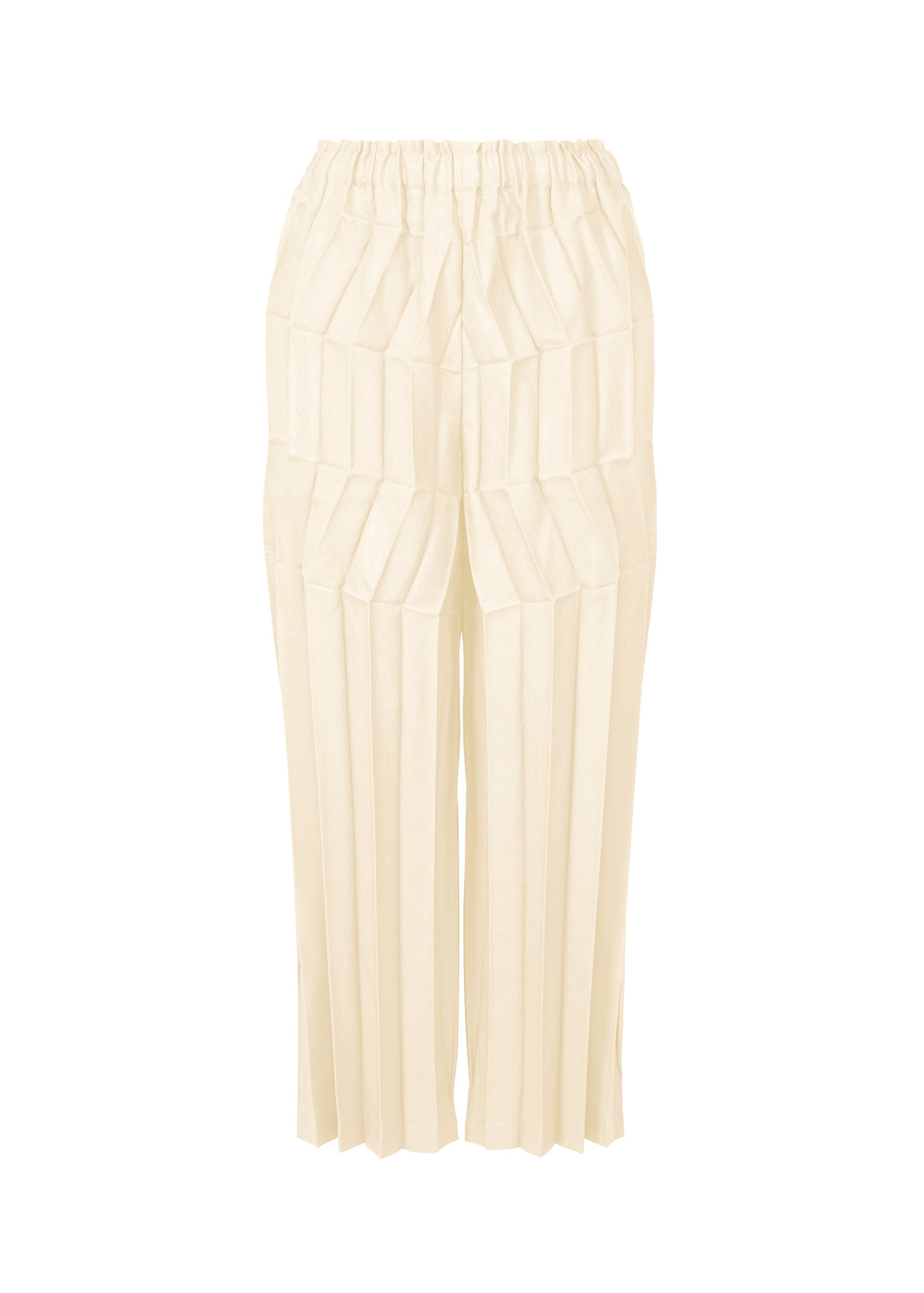 Zoomed view The ZIG ZAG PLEATS pants by me ISSEY MIYAKE are cream-colored, wide-leg, hand-pleated with vertical and diagonal pleats, an elastic waistband, and a striking zigzag silhouette.