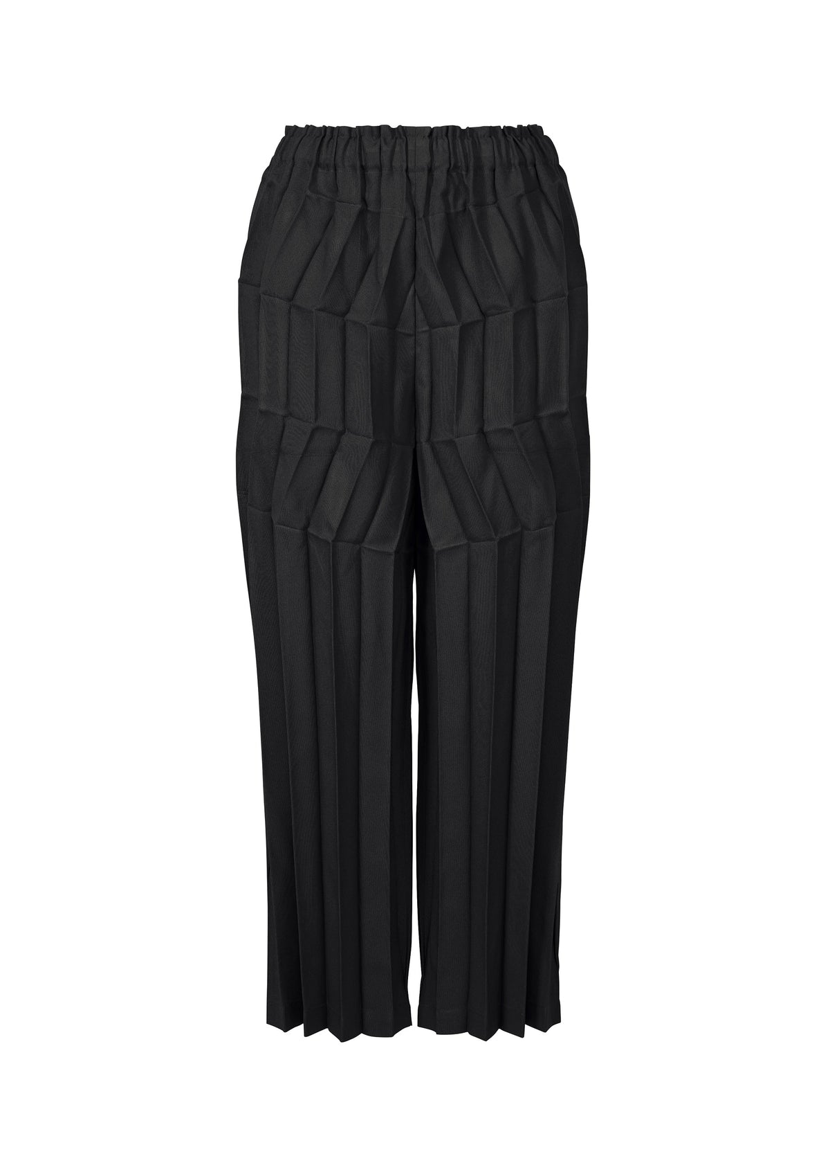 The ZIG ZAG PLEATS pants by me ISSEY MIYAKE feature black hand-pleated fabric, a high elastic waistband, a geometric zigzag silhouette, cropped length, wide straight leg cut, and are easily foldable for compact storage. view 6 of 6