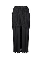 The ZIG ZAG PLEATS pants by me ISSEY MIYAKE feature black hand-pleated fabric, a high elastic waistband, a geometric zigzag silhouette, cropped length, wide straight leg cut, and are easily foldable for compact storage. - BLACK （no.15）