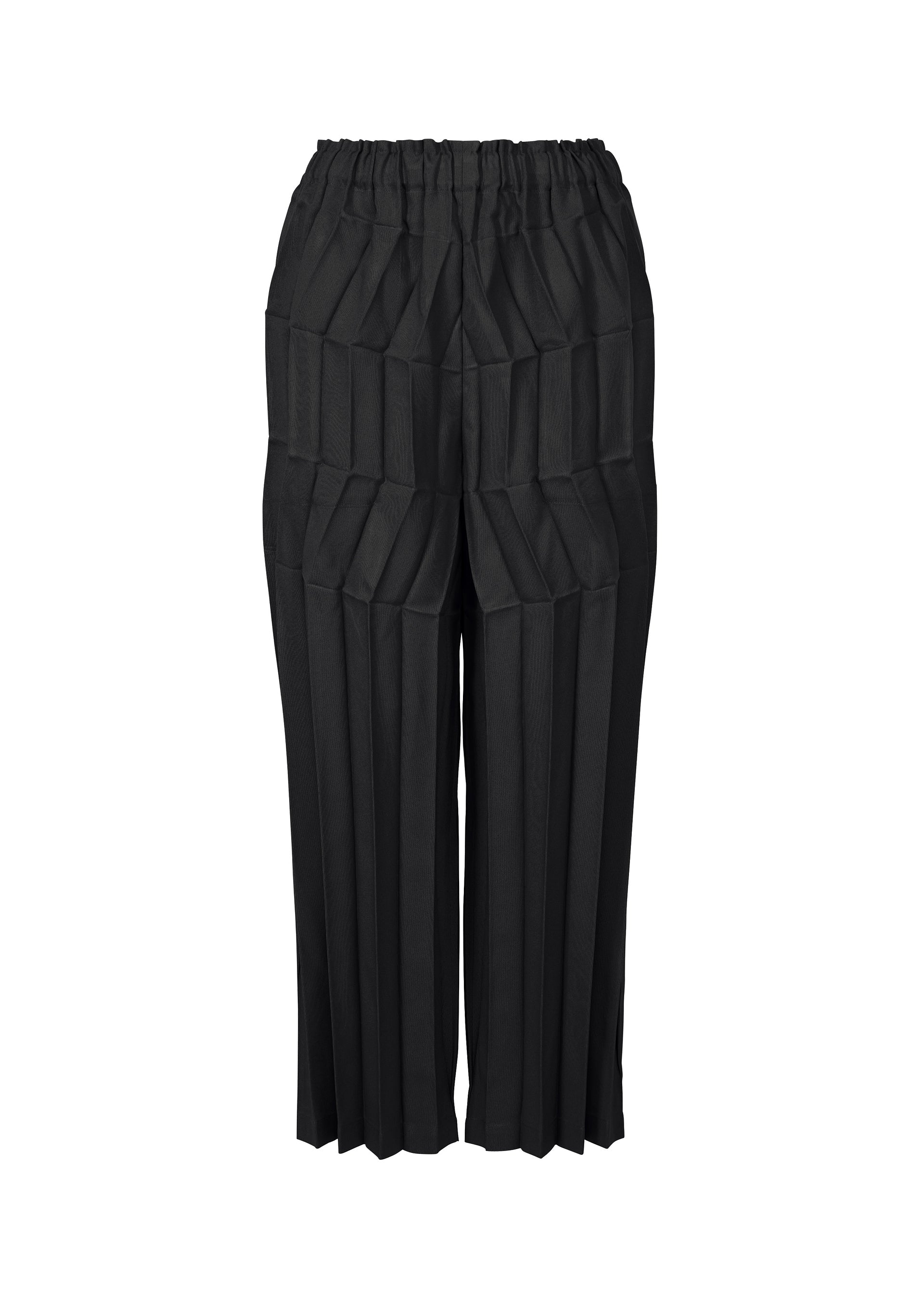 Zoomed view The ZIG ZAG PLEATS pants by me ISSEY MIYAKE feature black hand-pleated fabric, a high elastic waistband, a geometric zigzag silhouette, cropped length, wide straight leg cut, and are easily foldable for compact storage. - BLACK （no.15）
