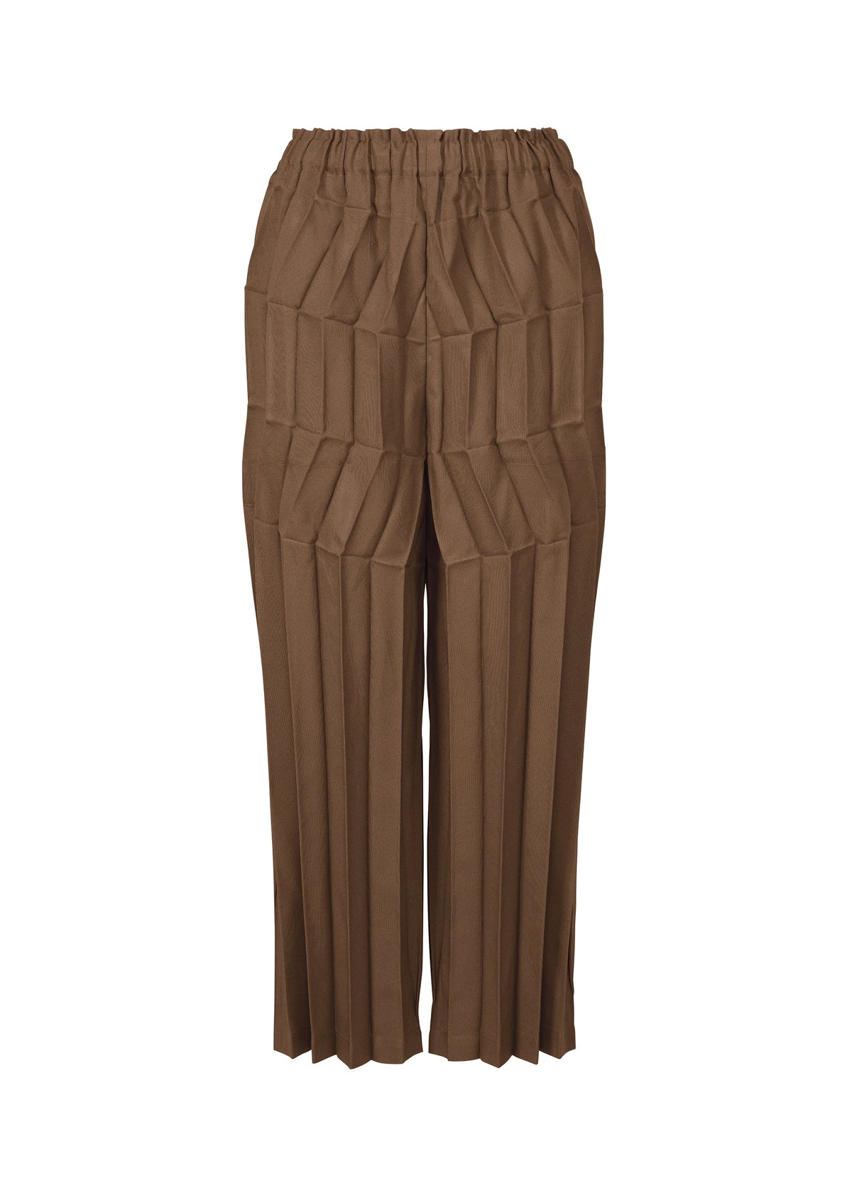 ZIG ZAG PLEATS by me ISSEY MIYAKE: Brown hand-pleated pants with an elastic waistband and wide legs. Structured pleats form a zigzag silhouette, while matte fabric and geometric design add sophistication. Photographed on a white background. view 2 of 6