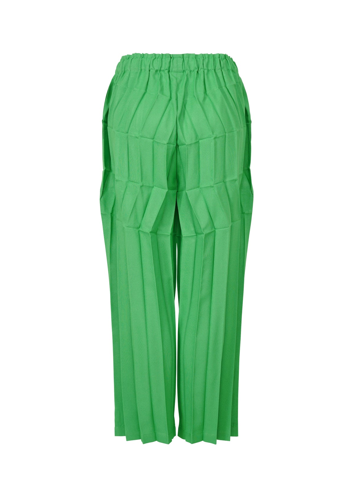 ZIG ZAG PLEATS by me ISSEY MIYAKE: Green hand-pleated trousers with a front view, elastic waistband, and sharp vertical pleats for a textured, structured look with a unique zigzag silhouette. view 3 of 6