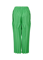 ZIG ZAG PLEATS by me ISSEY MIYAKE: Green hand-pleated trousers with a front view, elastic waistband, and sharp vertical pleats for a textured, structured look with a unique zigzag silhouette.