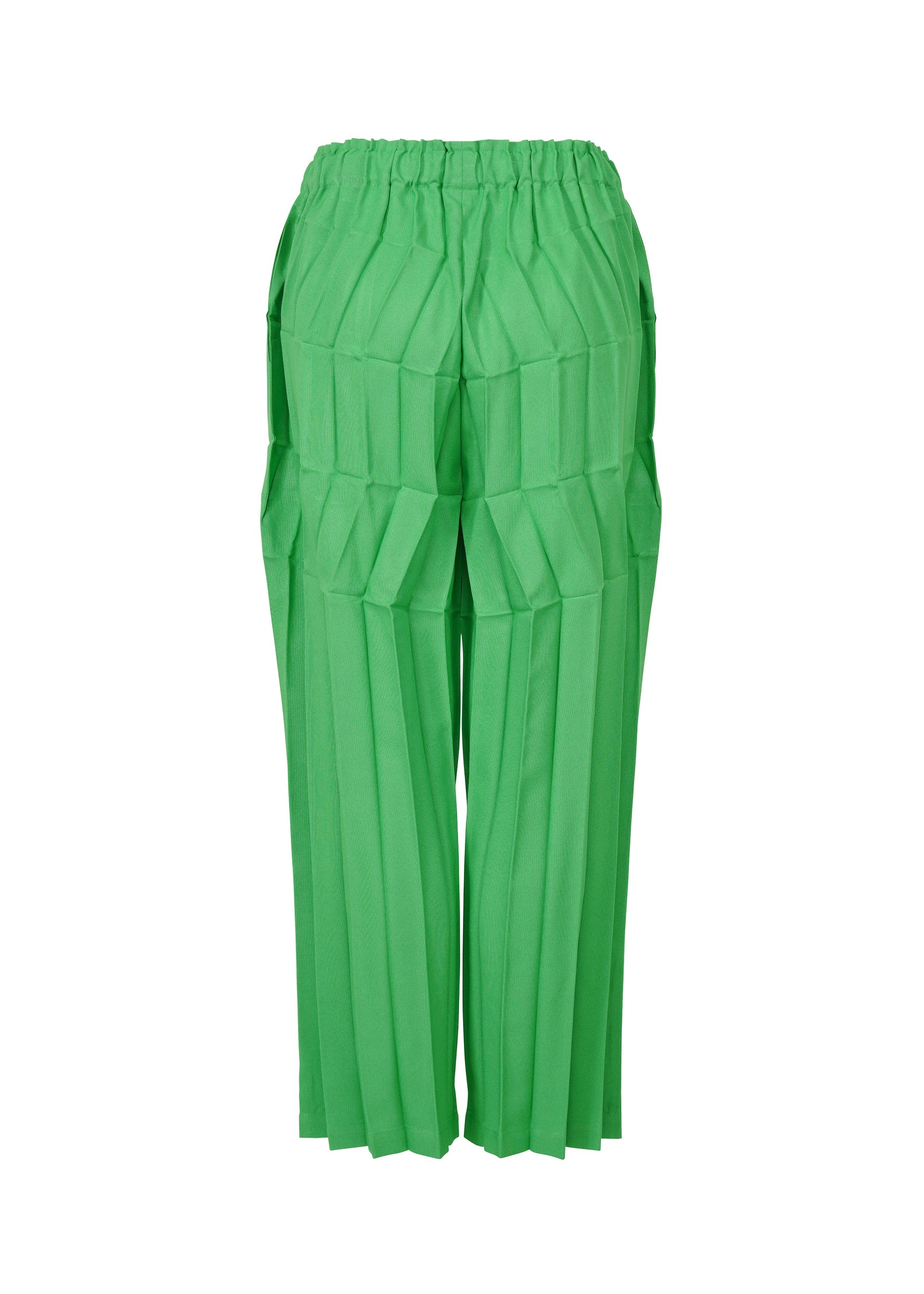 Zoomed view ZIG ZAG PLEATS by me ISSEY MIYAKE: Green hand-pleated trousers with a front view, elastic waistband, and sharp vertical pleats for a textured, structured look with a unique zigzag silhouette.
