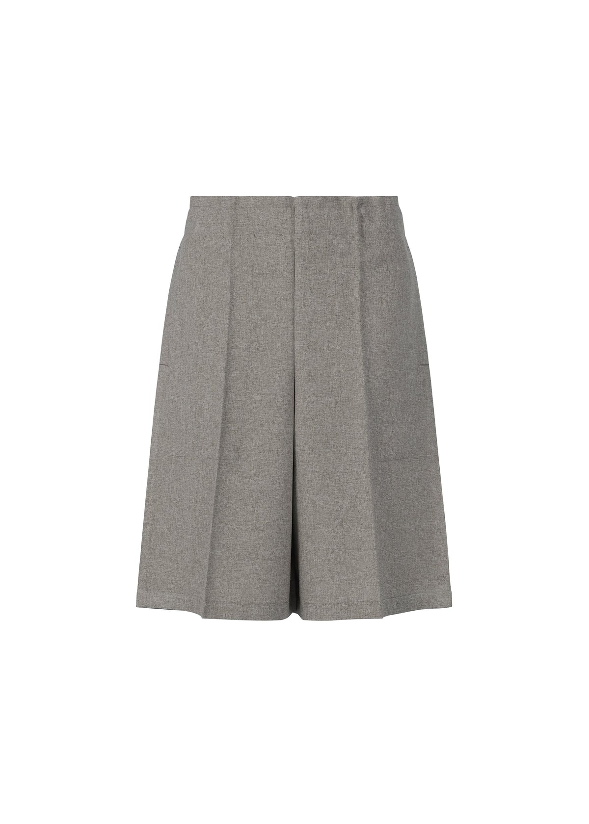 The FLAT BOTTOM shorts by me ISSEY MIYAKE feature a high waist, front pleats, and side pockets in gray cationic yarn for a melange look, shown against a plain white background. view 1 of 8