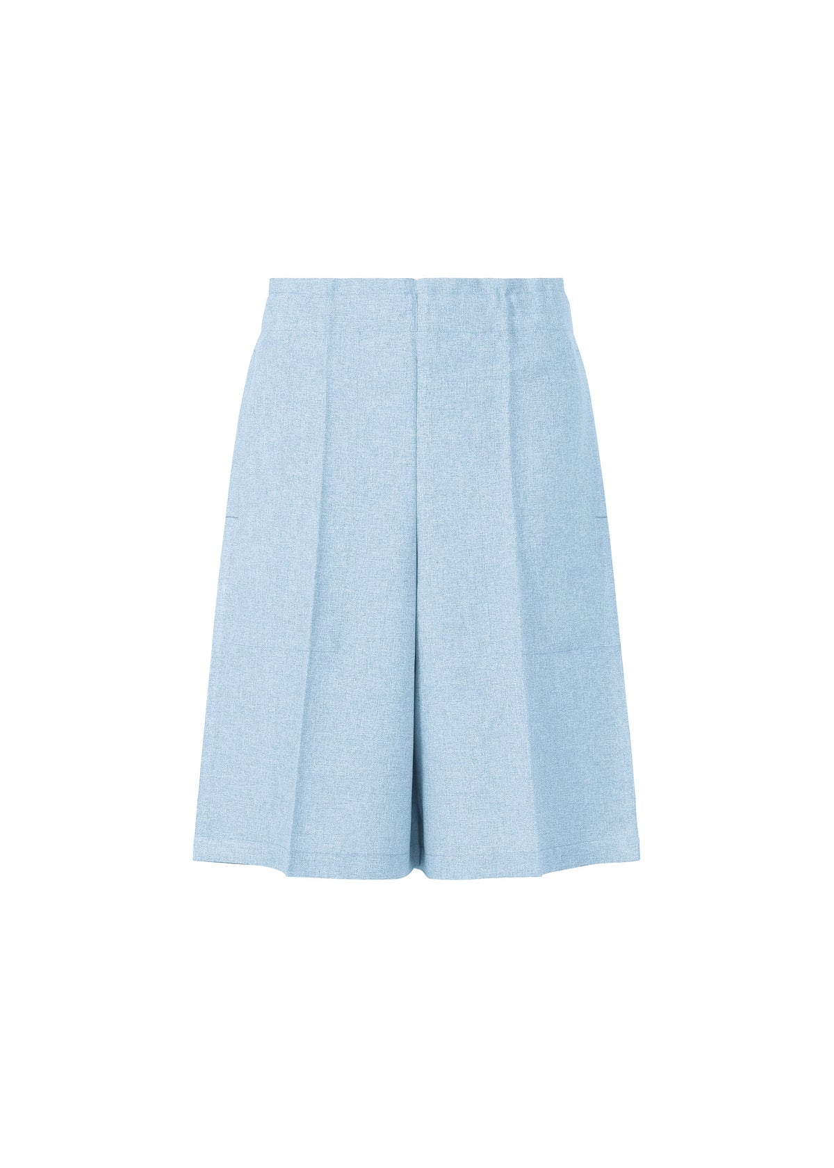 The FLAT BOTTOM shorts by me ISSEY MIYAKE are light blue, high-waisted, and tailored with front pleats. Made from cationic yarn for a melange look, they feature a slightly flared leg and are shown on a white background. view 2 of 8
