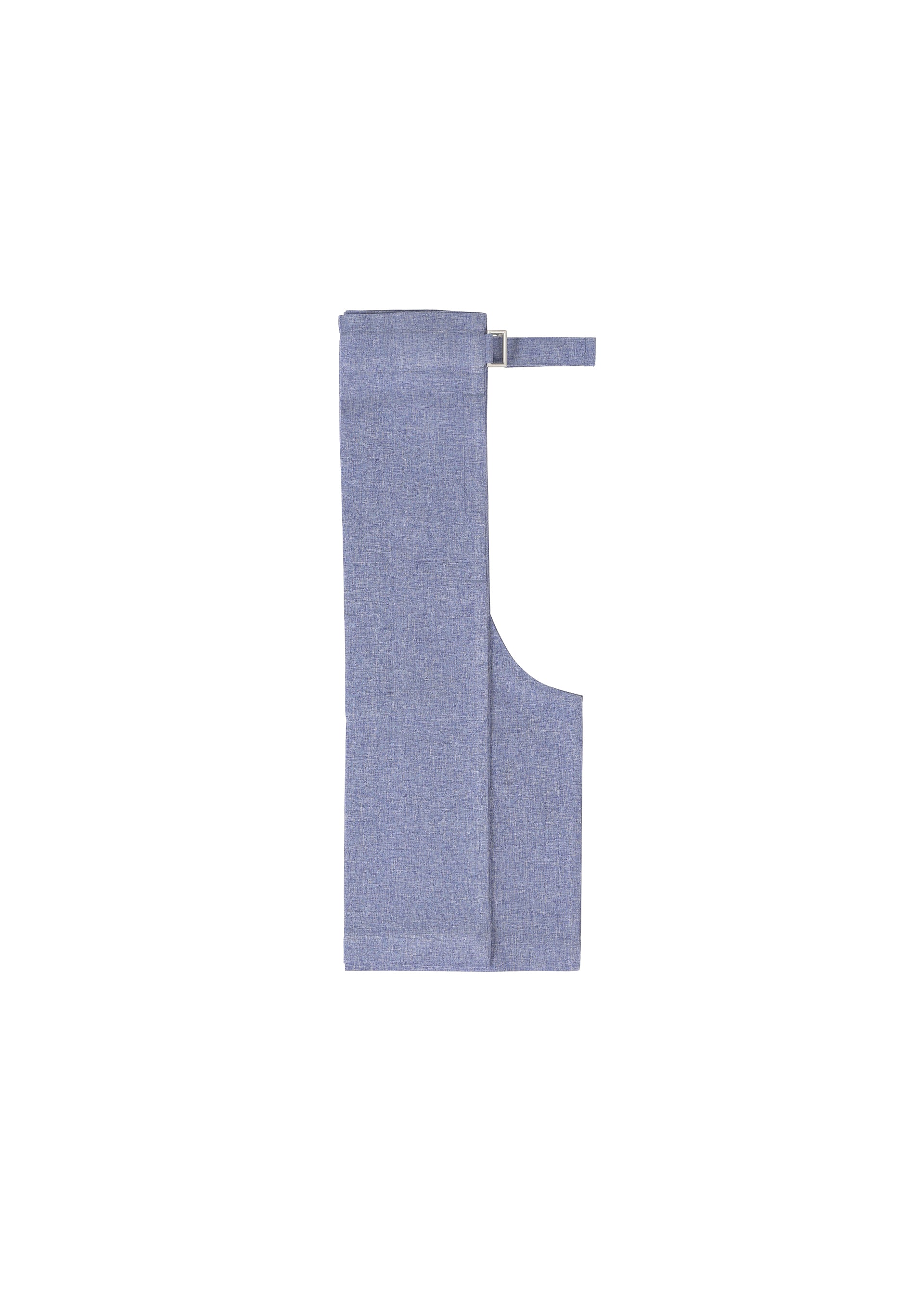 Zoomed view The FLAT BOTTOM apron by me ISSEY MIYAKE is a folded light blue melange-look fabric with a neck strap and side waist ties, shown against a plain white background.