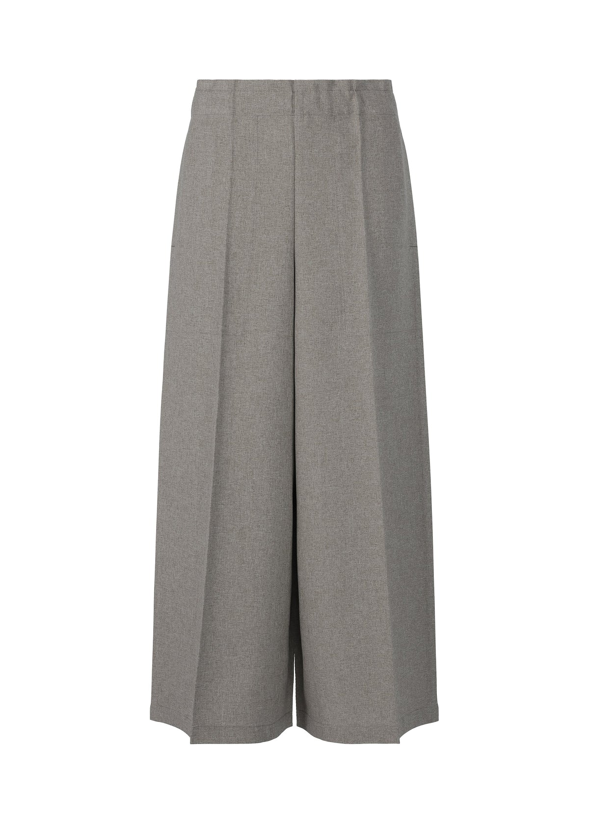 The FLAT BOTTOM wide-leg pants by me ISSEY MIYAKE feature a high waist, pleated front, and relaxed silhouette. Crafted from cationic yarn for a flowy feel, these culottes are shown against a plain white background. view 1 of 8