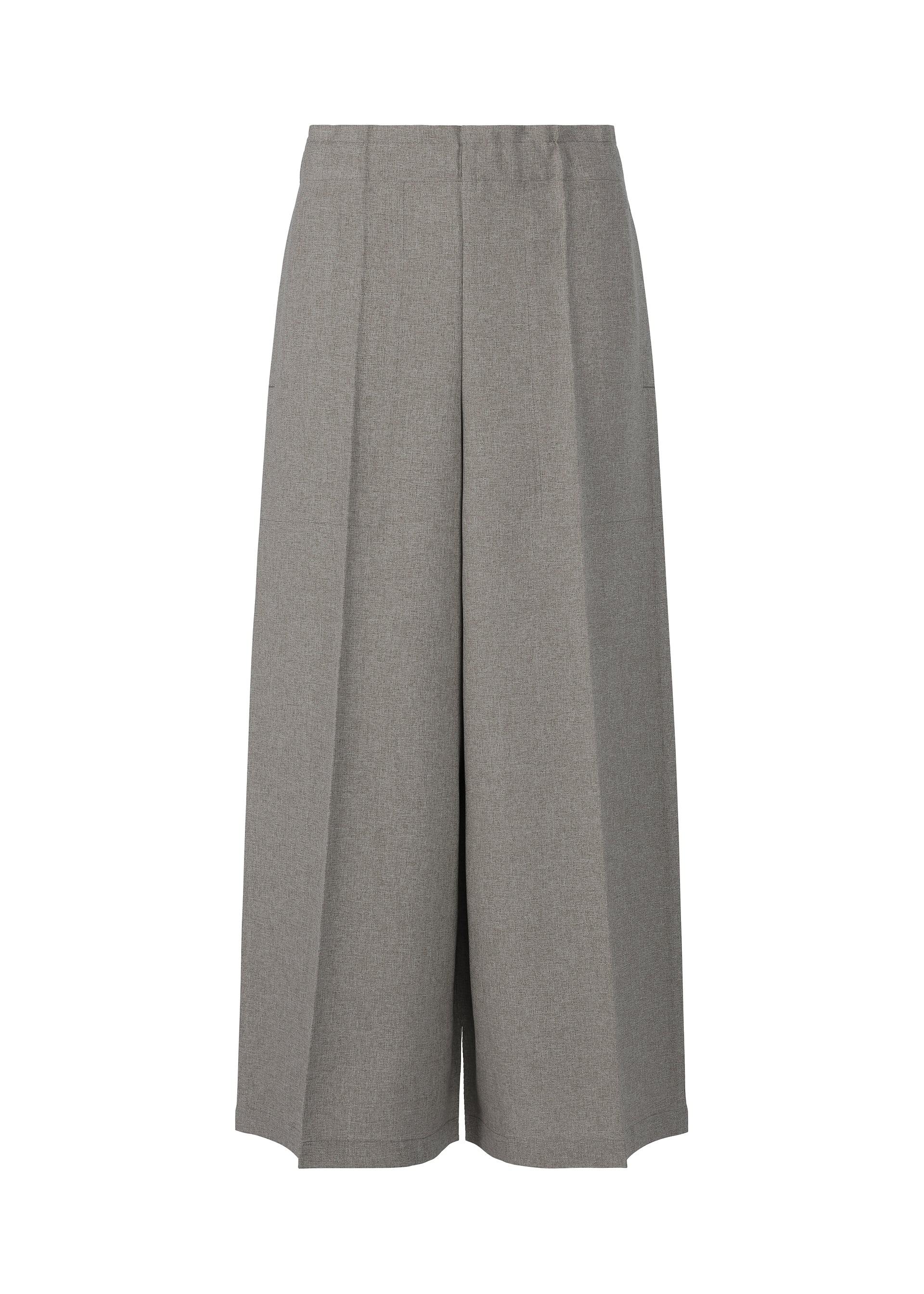 Zoomed view The FLAT BOTTOM wide-leg pants by me ISSEY MIYAKE feature a high waist, pleated front, and relaxed silhouette. Crafted from cationic yarn for a flowy feel, these culottes are shown against a plain white background. - CHARCOAL (no.14)