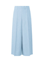 The FLAT BOTTOM pants by me ISSEY MIYAKE are light blue, wide-legged with a high waist and front pleats, made from cationic yarn for a flowy feel. Shown against a white background. - LIGHT BLUE (no.70)