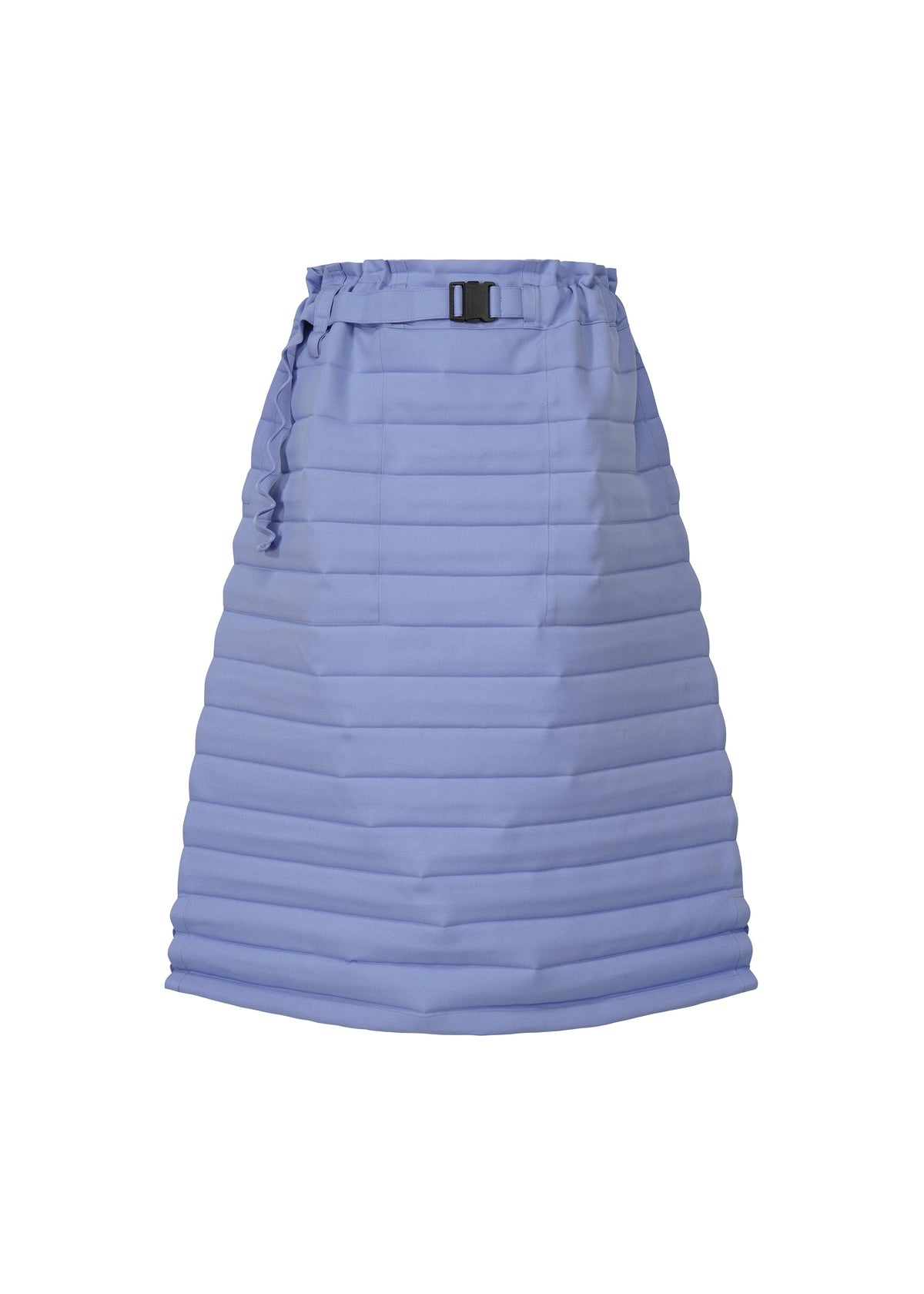 The RIPPLE PLEATS by me ISSEY MIYAKE is a knee-length, light blue quilted skirt with horizontal stitching, a high paperbag waist, matching fabric belt with a black rectangular buckle, flared silhouette, and convenient pockets. view 3 of 7