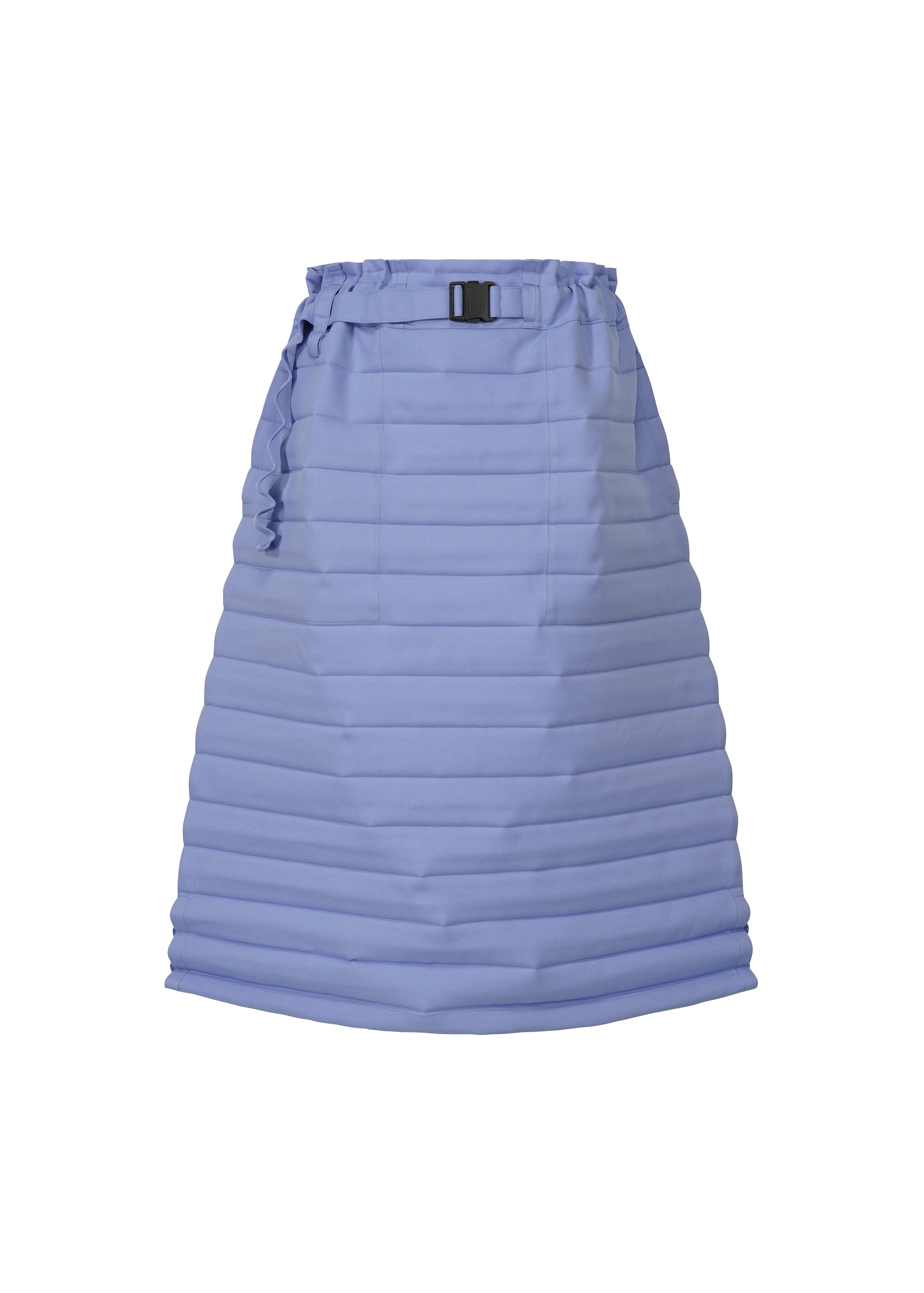 Zoomed view The RIPPLE PLEATS by me ISSEY MIYAKE is a knee-length, light blue quilted skirt with horizontal stitching, a high paperbag waist, matching fabric belt with a black rectangular buckle, flared silhouette, and convenient pockets. - LAVENDER （no.80）