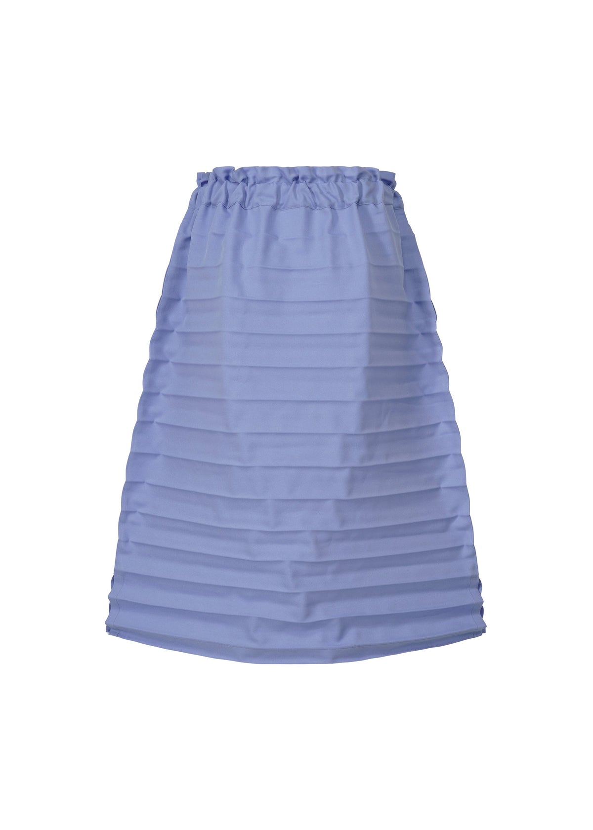 The RIPPLE PLEATS by me ISSEY MIYAKE is a knee-length light purple skirt featuring handmade pleats and a gathered elastic waistband, shown against a white background. view 4 of 7
